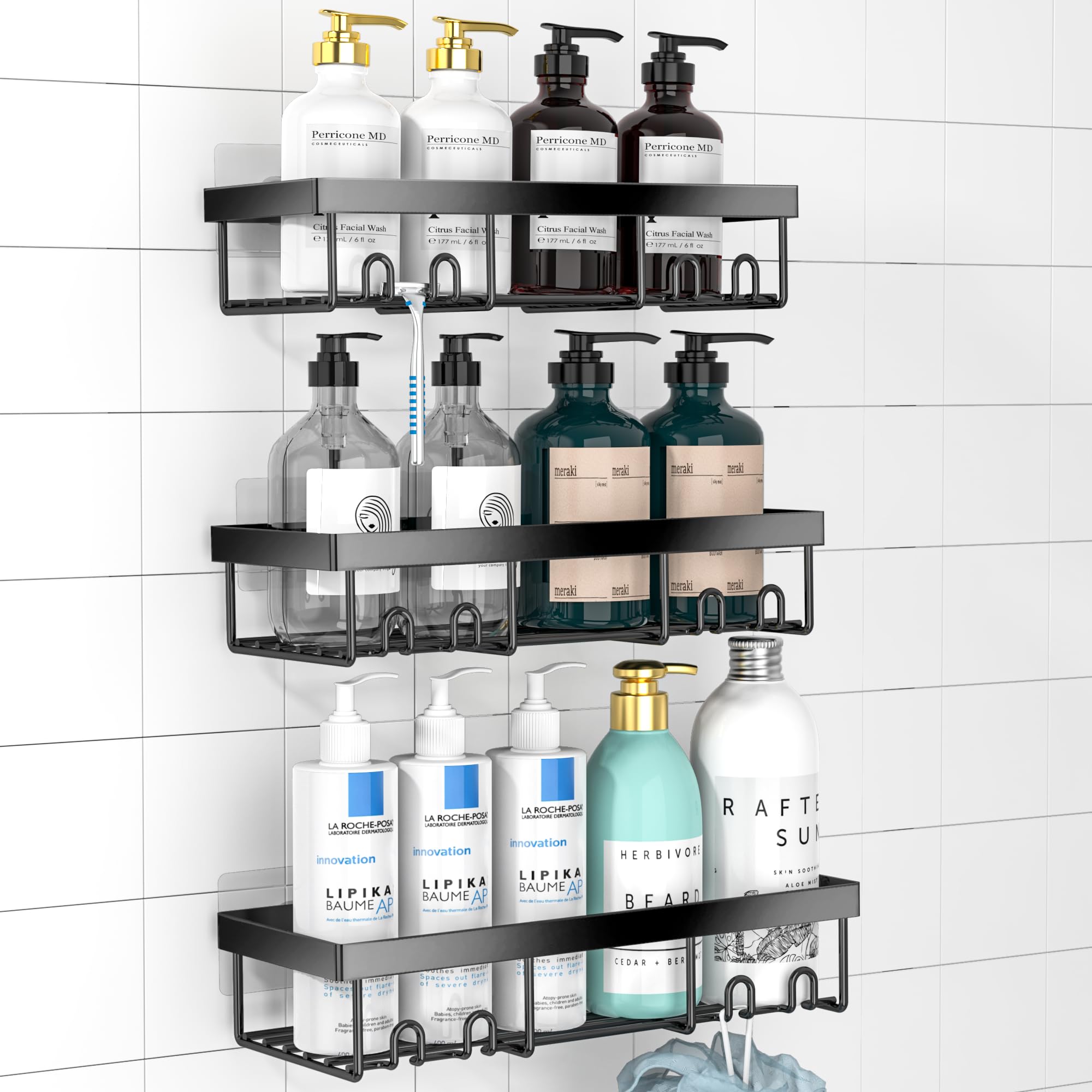 Moforoco Shower Caddy Shelf Organizer Rack, Self Adhesive Black Bathroom Shelves Basket, Home Farmhouse Wall Shower Inside Organization and Storage Decor Rv Accessories, First Apartment Essentials