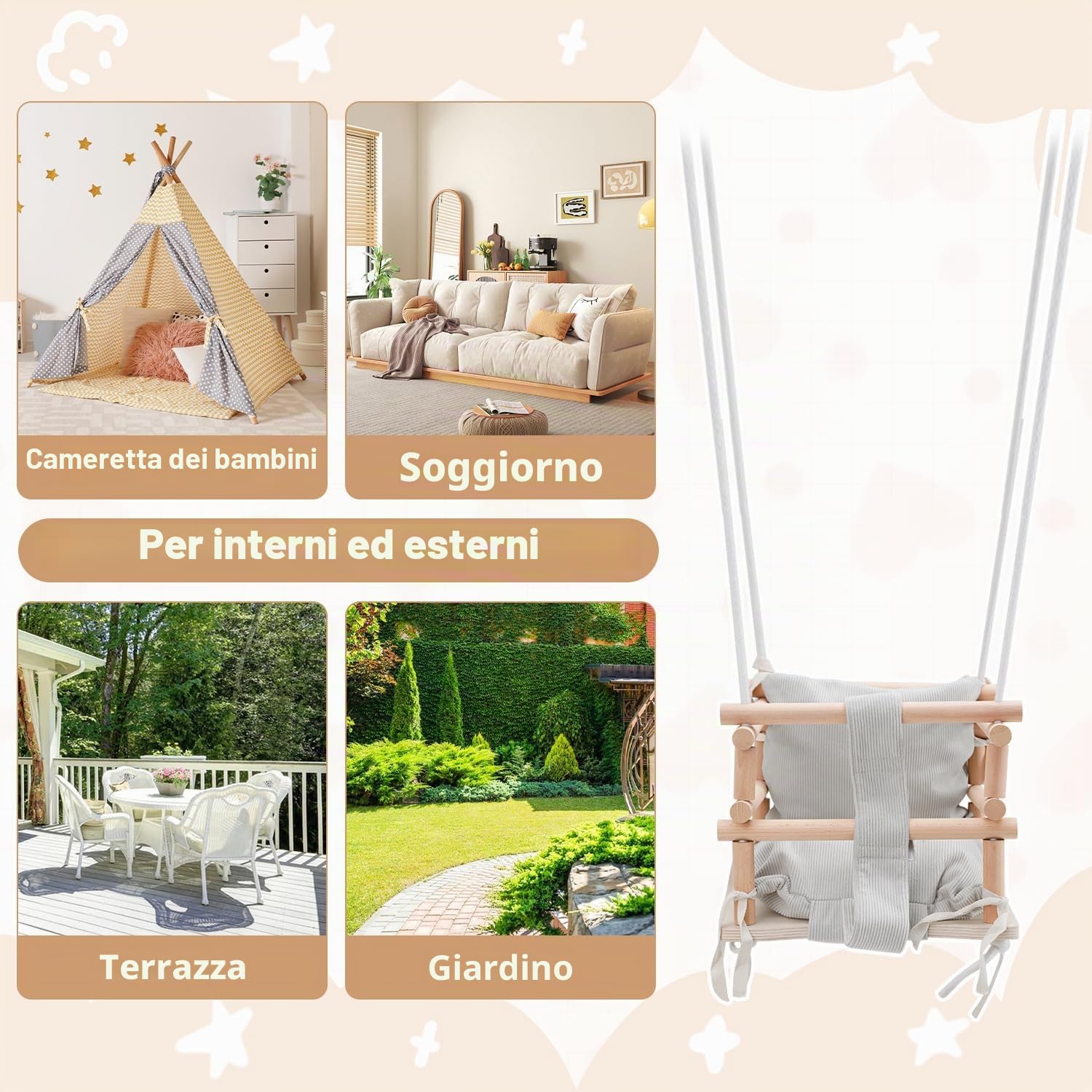 Altalena per Bambini Indoor & Altalena per Bambini Outdoor 3-in-1 in Legno, Regolabile in Altezza (160-260cm) con Cuscino Rimovibile, Per Giardino, Portata 50kg, Da 12 Mesi (Beige Chiaro)
