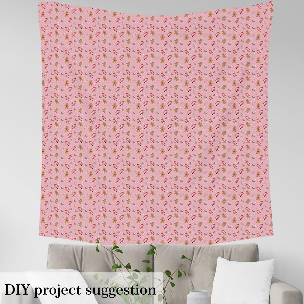 jejeloiu Pink Christmas Fabric by The Yard Gingerbread Man Upholstery Fabric for Sewing Crafting Christmas Tree Soft Flannel Indoor Decor for Home DIY Projects Candy Canes Print 5 Yards