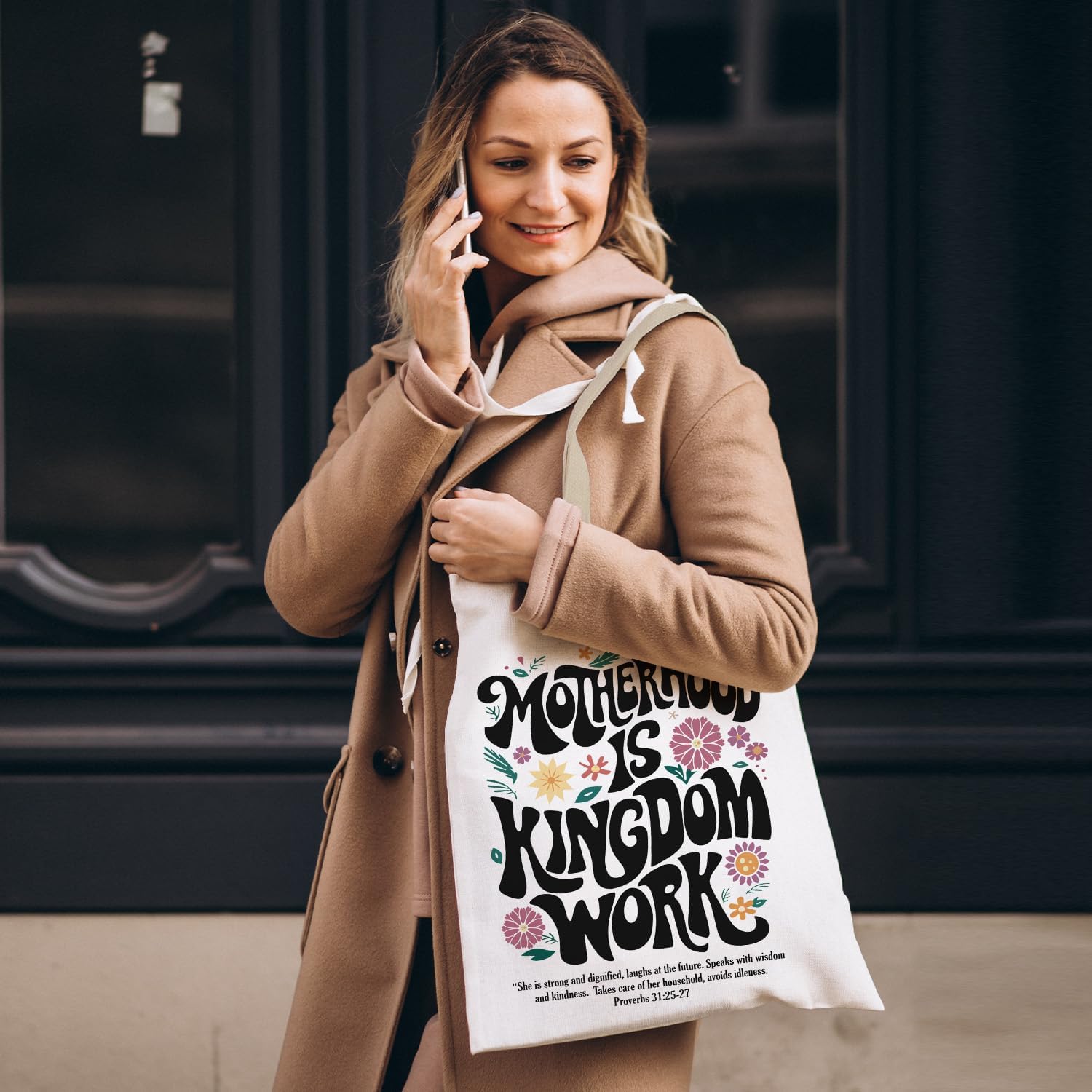 Christian Mom Tote Bag, Proverbs 31 Woman Bible Verse Canvas Tote Bags, Christian Mother's Day Gifts for Mom, Motherhood is Kingdom Work Reusable Grocery Shopping Bags - Image 4
