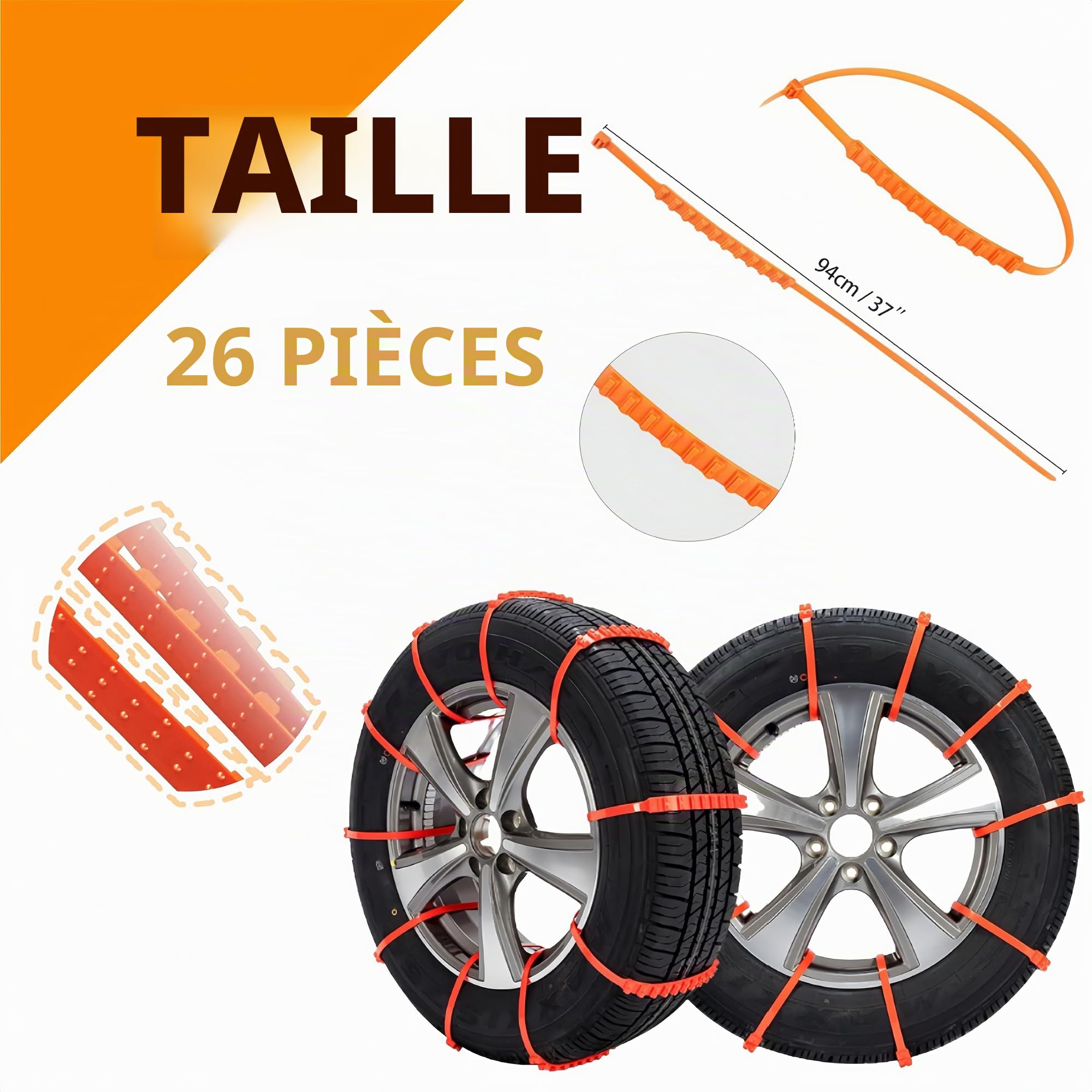 26 pièces Chaînes à neige universelles pour voiture Chaînes de pneus neige Chaînes de neige réutilisables Chaînes de pneus neige universelles Aide au démarrage d'urgence en cas de neige et de