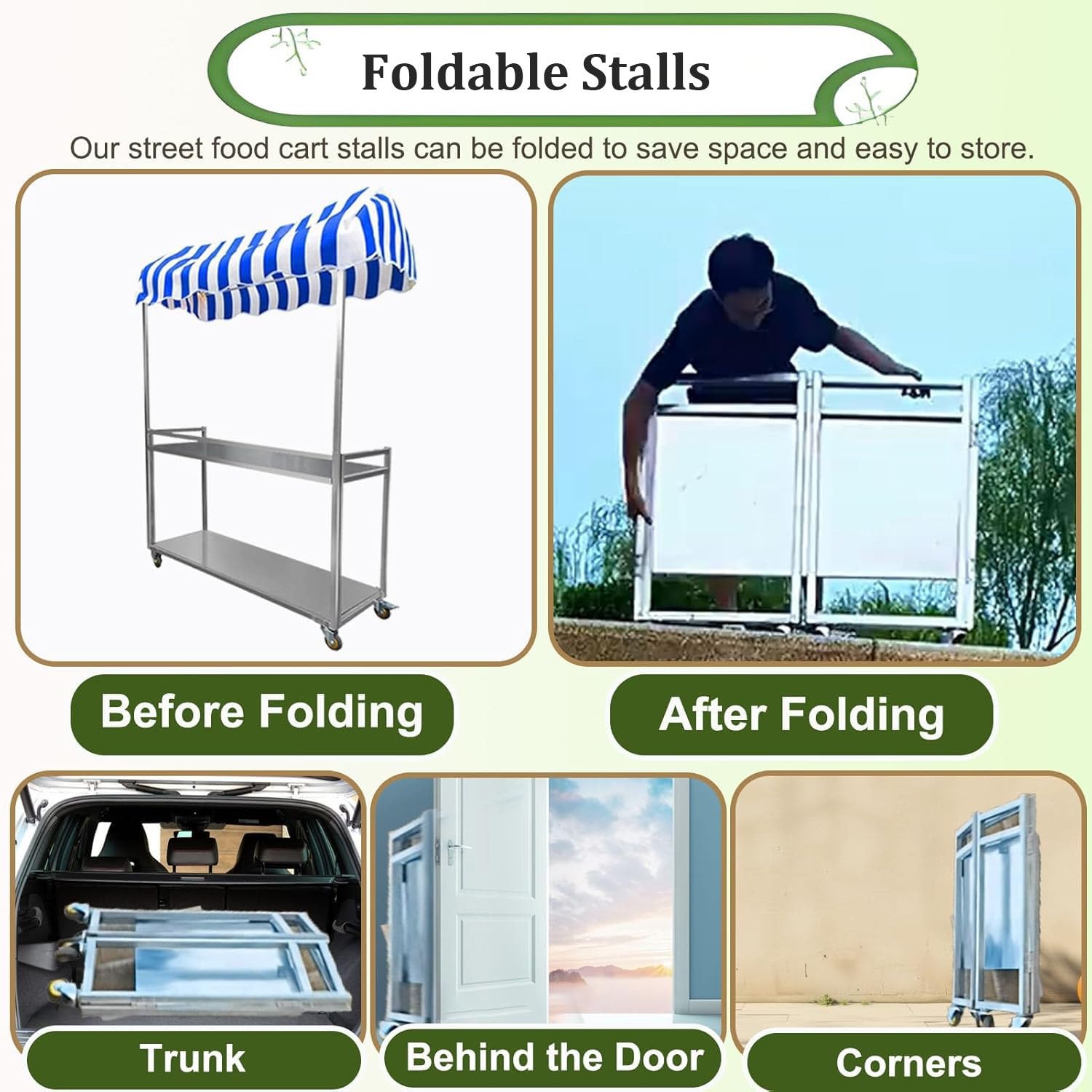 Carrello per catering mobile pieghevole in metallo, espositore per bancarelle di mercato portatile a 2 livelli, carrello per stand di concessioni alimentari con ombrellone e ruote Orange-100*50cm
