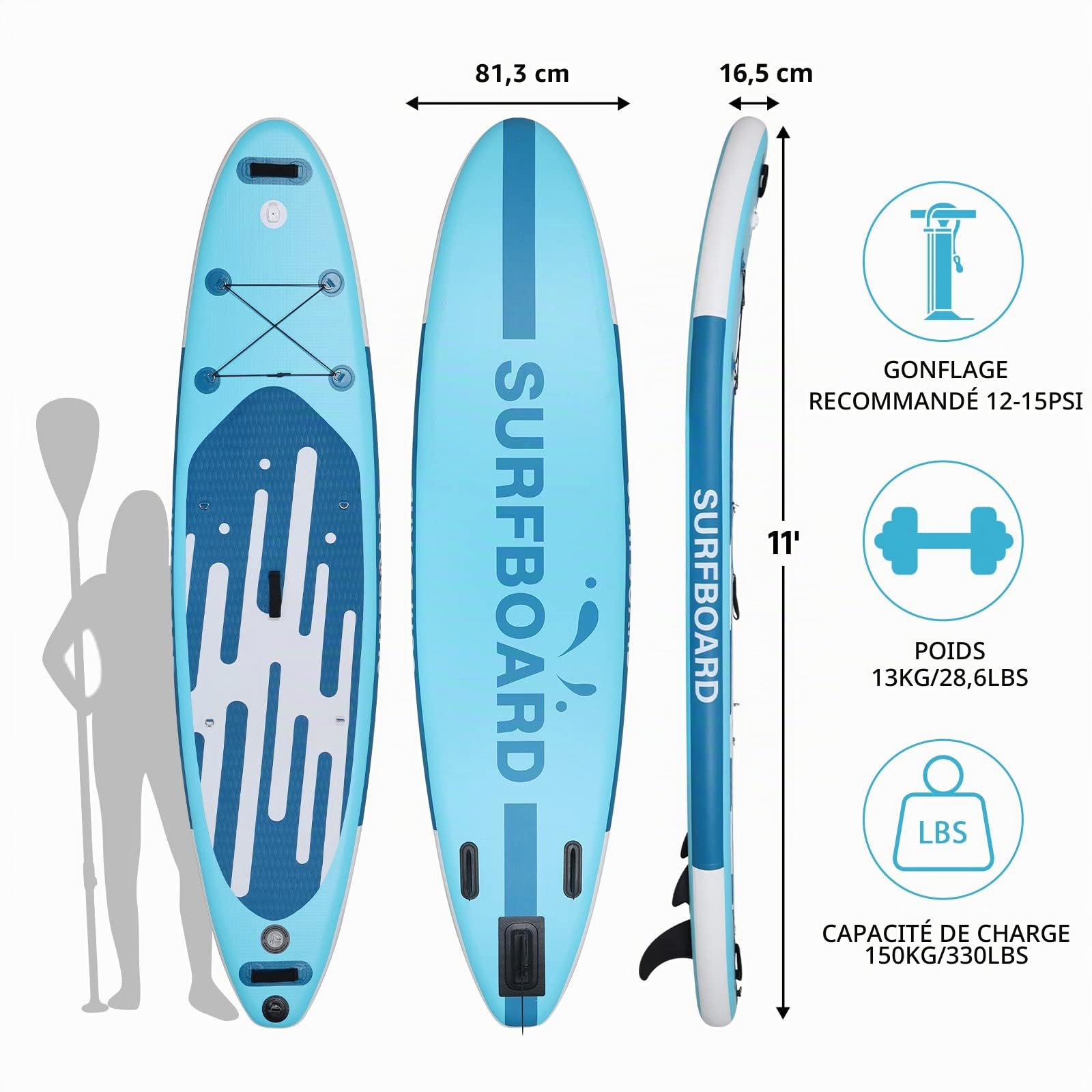 YU YUSING Pack Complet – Paddle Gonflable Adulte 335cm, Planche Stand up Paddle Gonflable 2 Personnes, Sac à Dos, Siège Kayak, Pagaie Aluminium, Support Caméra, Pompe, Tous Niveaux, jusqu'à 150 kg