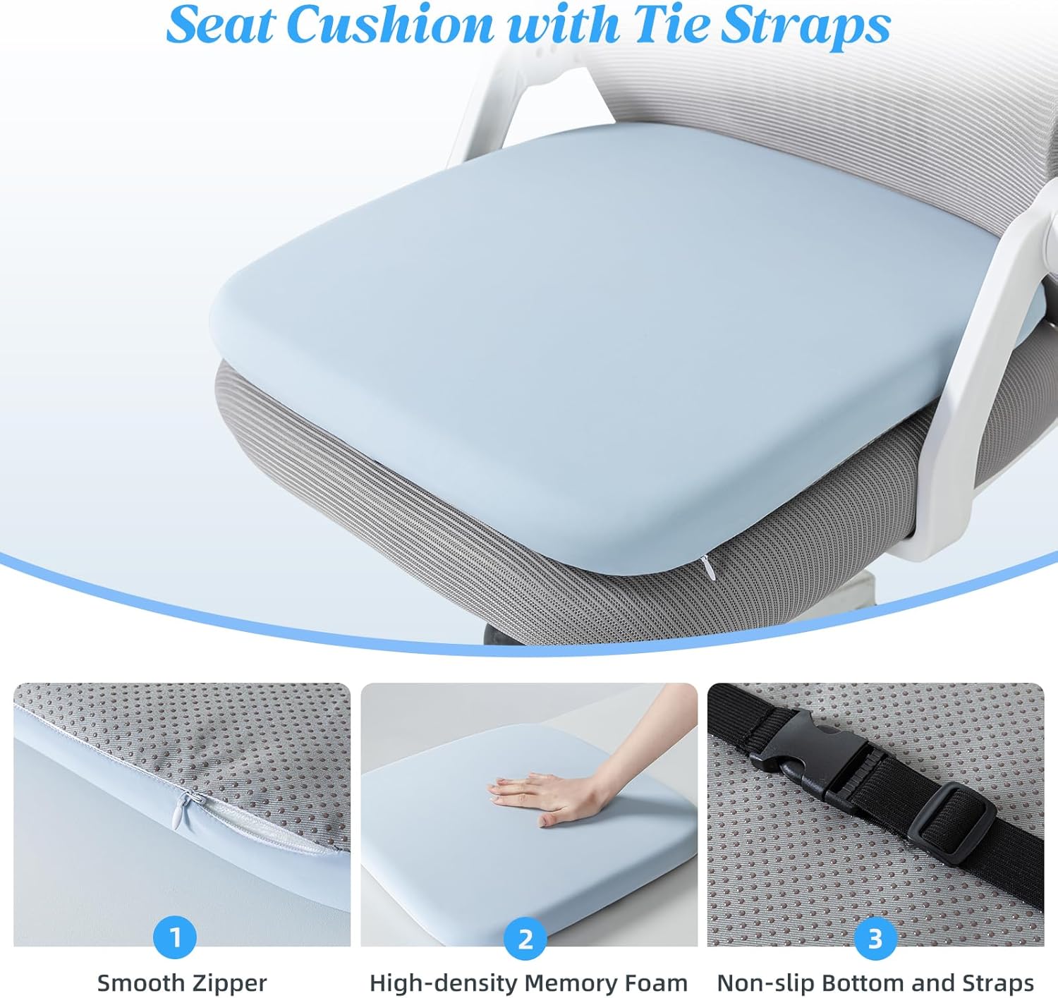 SheRest Office Chair Cushion with Straps, Memory Foam Seat Cushion with Removable Cover, Suitable for Office Chairs, Car Seats, and Airplane Seats, Blue, X-Large