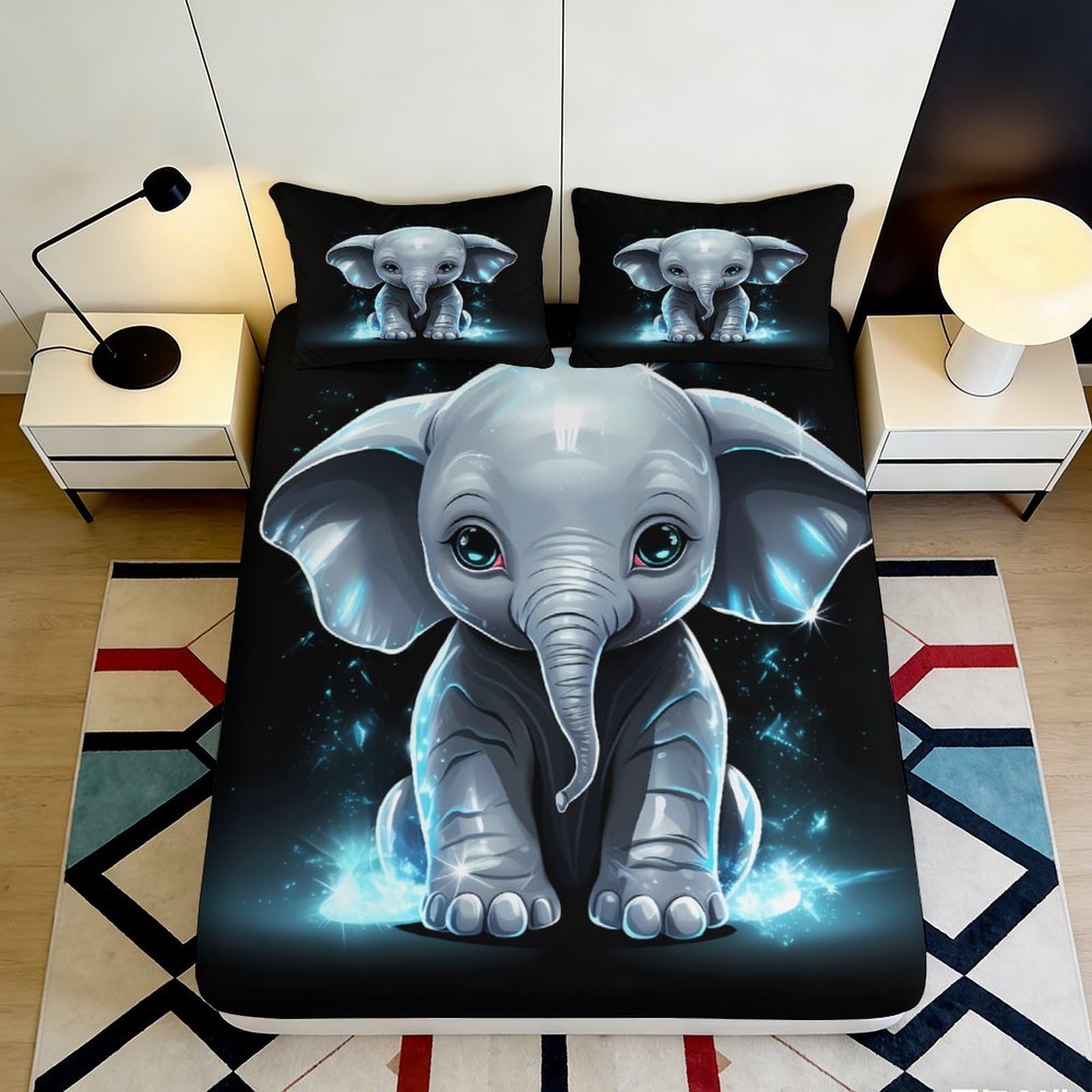 3D Printed Cute Elephant Fitted Sheet Microfiber Deep Pocket Bedroom Bedding Non-Slip Elephant Mattress Fitted Cover for Adults Teens 90x200x25cm