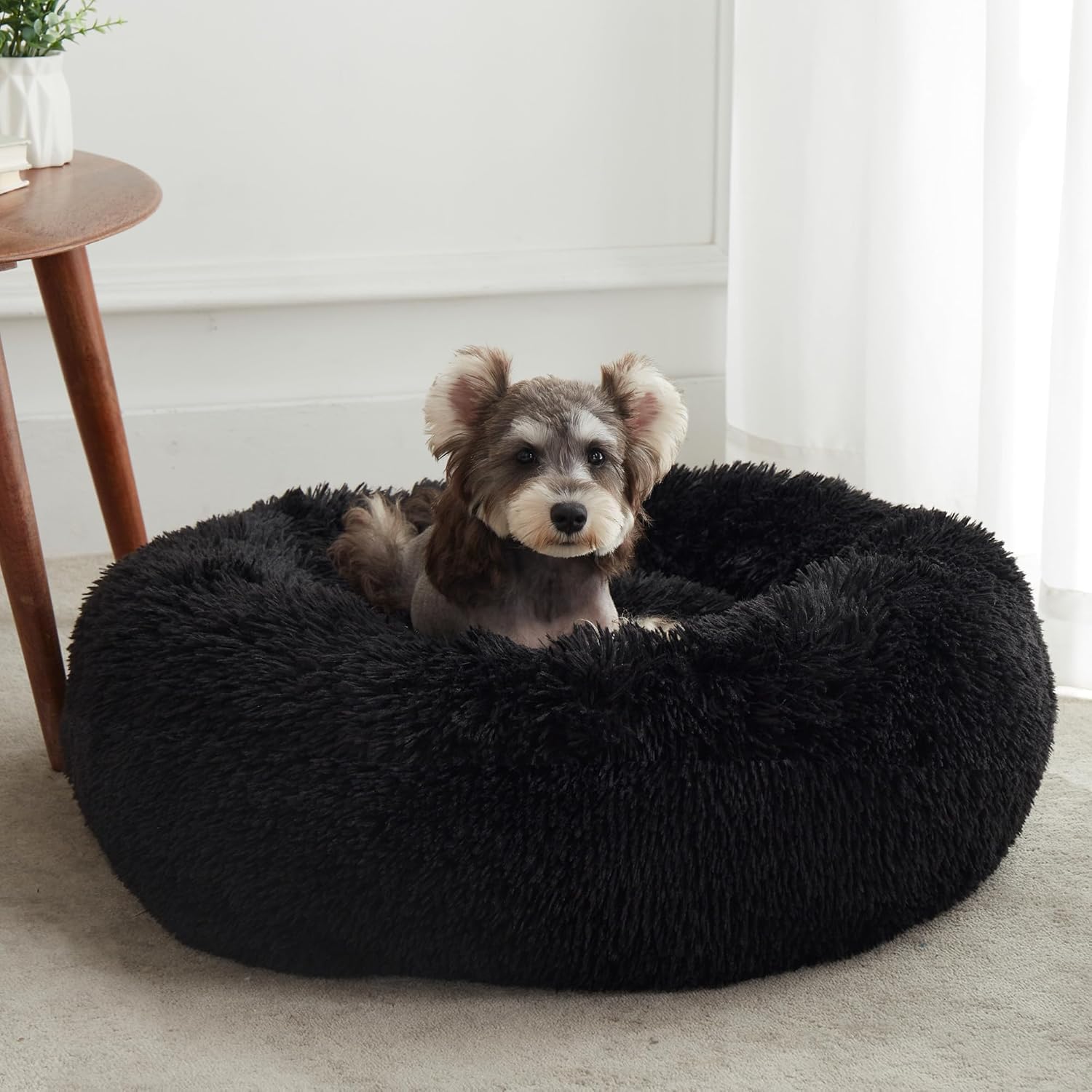 KOZI PET Calming Dog & Cat Bed, Anti-Anxiety Donut Cuddler Warming Cozy Soft Round Bed, Fluffy Faux Fur Plush Cushion Bed for Small Medium Dogs and Cats (Black, 3XL)