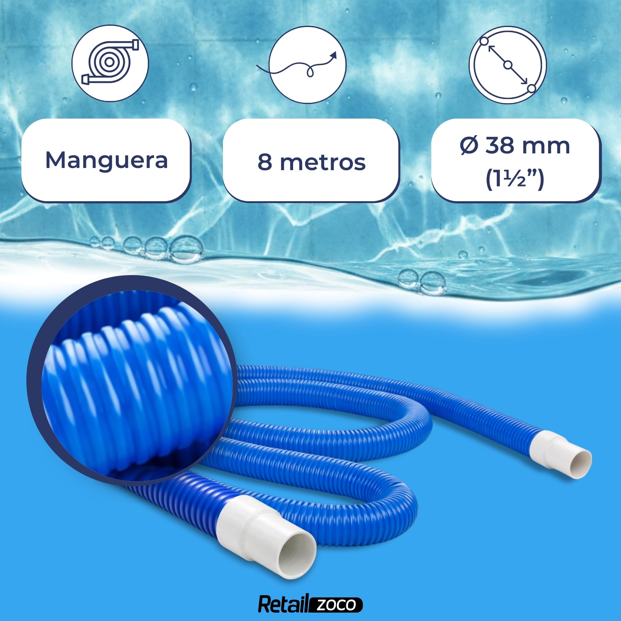 Manguera flotante de piscina, Manguera limpiafondos, Manguera Piscina, Resistente a los rayos UV, Apto para todo tipo de piscinas, Diámetro ø de 38 mm, Longitud 8 Metros