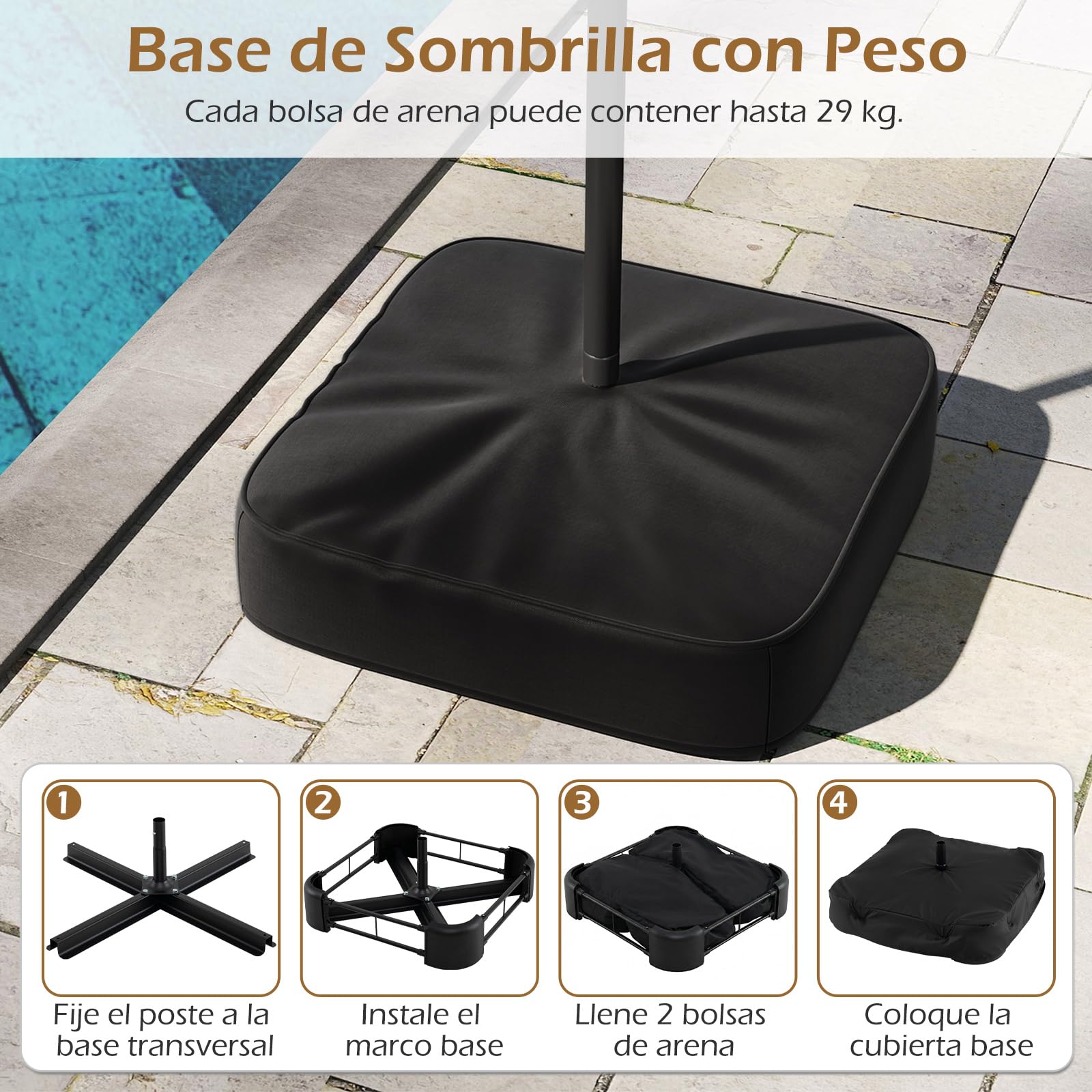 COSTWAY Sombrilla Doble Terraza Exterior 400 x 200 cm, Parasol Jardin Grande con Base Rellenable, Manivela, 12 Varillas, Sombrilla de Patio