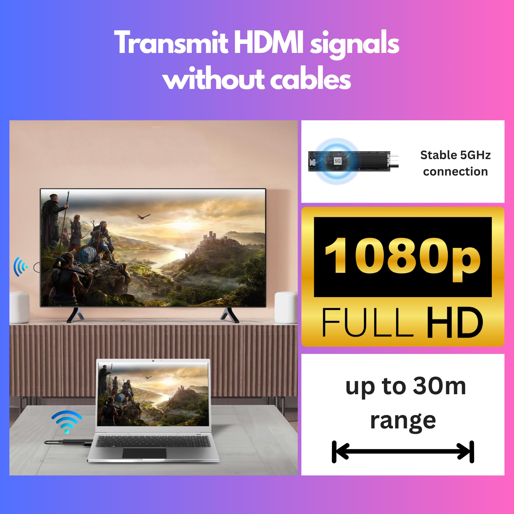 Orbsmart Nano HDMI Extender | zestaw bezprzewodowej transmisji radiowej | Full HD 1080p bez opóźnień (Plug & Play) | łączy komputer, laptop, konsolę z projektorem lub telewizorem (30 m)