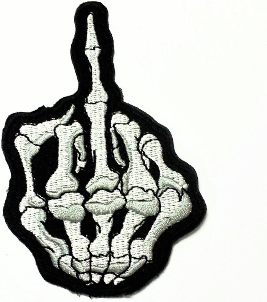 Large Middle Finger Back Patch for Biker Vests Jackets Fabric Pain Metal Punk Skull Embroidered Sew Iron On Skeleton Bone Big XL Size 7x11 Inches Patches Motorcycle Outlaw Logo