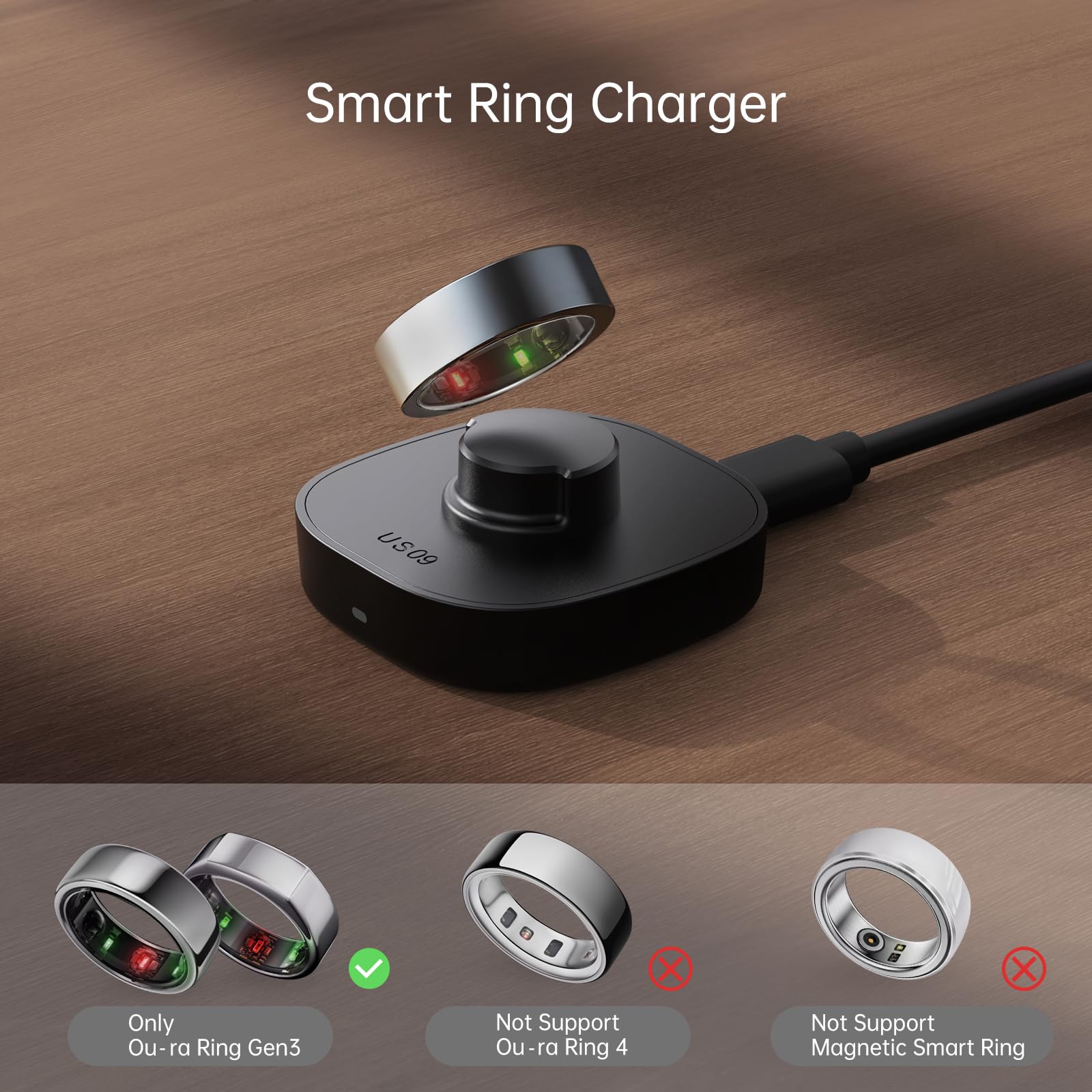 Compatible con Oura Ring Gen3 – Cargador de anillo inteligente tamaño 11, base de carga segura portátil con cable USB-C