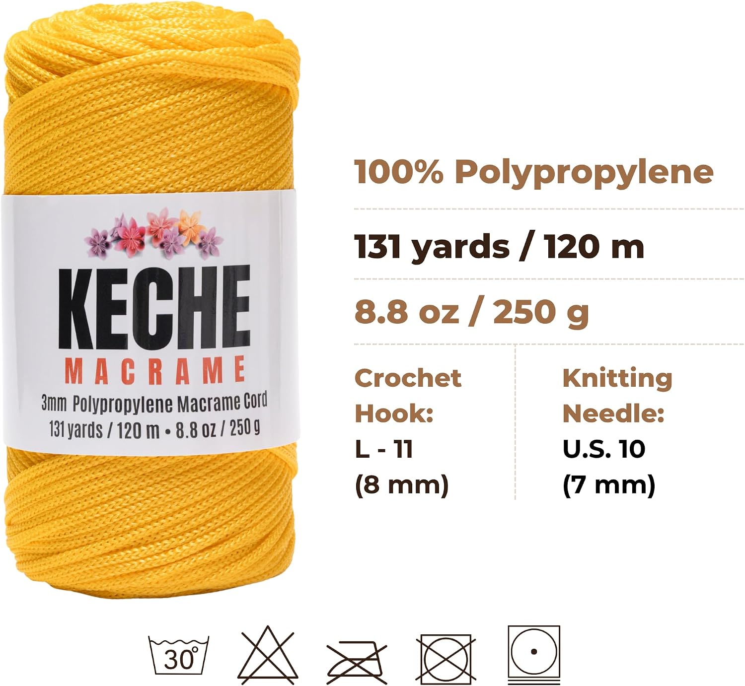 3mm Macrame Cord | Crochet Bag Cord, Macrame Rope Supplies for Plant Hangers and Wall Hangings, Polypropylene Strong Durable Easy to Knot, 131 Yards - Yellow