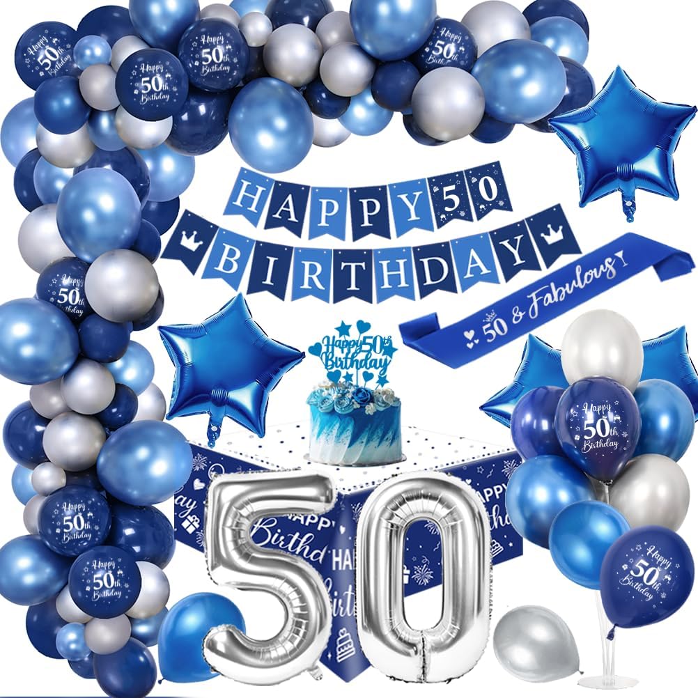 50th Birthday Decoration Men 50 Years Blue Silver Balloon Arch Kit with Happy Birthday Banner Cake Topper Tablecloth Birthday Sash Large Number 50 Balloons Chrome Blue Silver Balloons