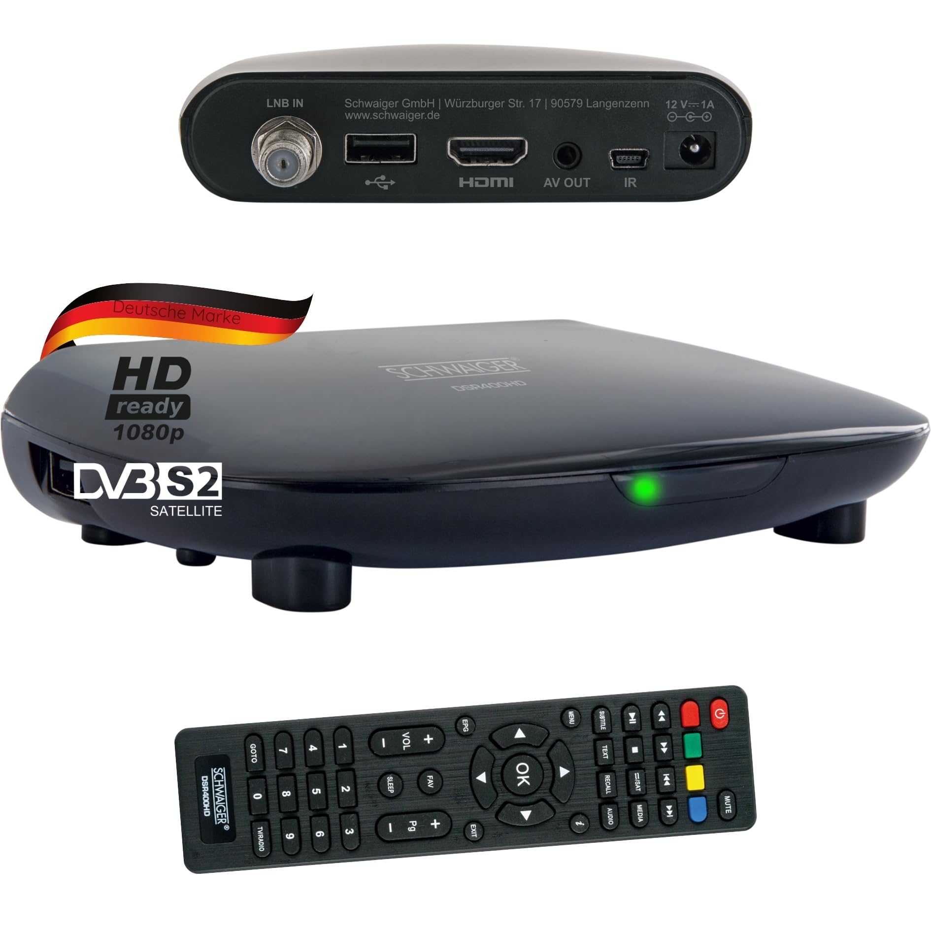 SCHWAIGER DSR400HD Full HD Satellitenreceiver SAT-Receiver Mediaplayer Senderliste vorprogrammiert HDMI-Anschluss Timer-Funktion mehrsprachiges Menü USB-Anschluss inkl. Fernbedienung