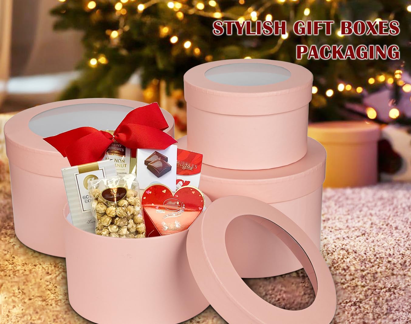 Cajas de flores para arreglos, cajas de regalo redondas anidadas con tapas transparentes, cajas redondas rosas para flores, juego de 4 cajas de flores de varios tamaños para arreglos florales, día de