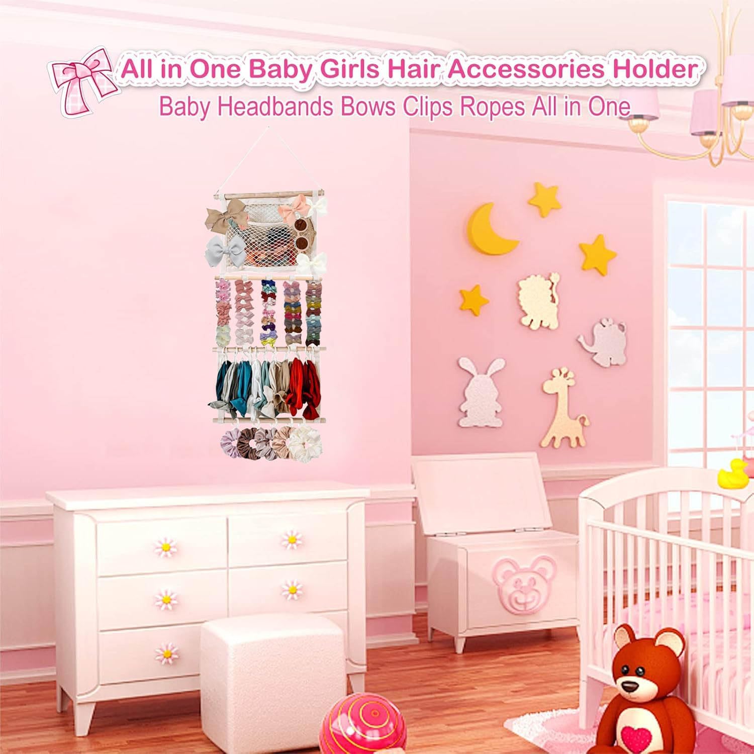 Headband Holder Hair Bows Organizer for Baby Girls Large Capacity Bow Holder Hair Accessories Wall Hanging Organizer for Toddler Baby Girl Nursery Room Decor (Beige2)