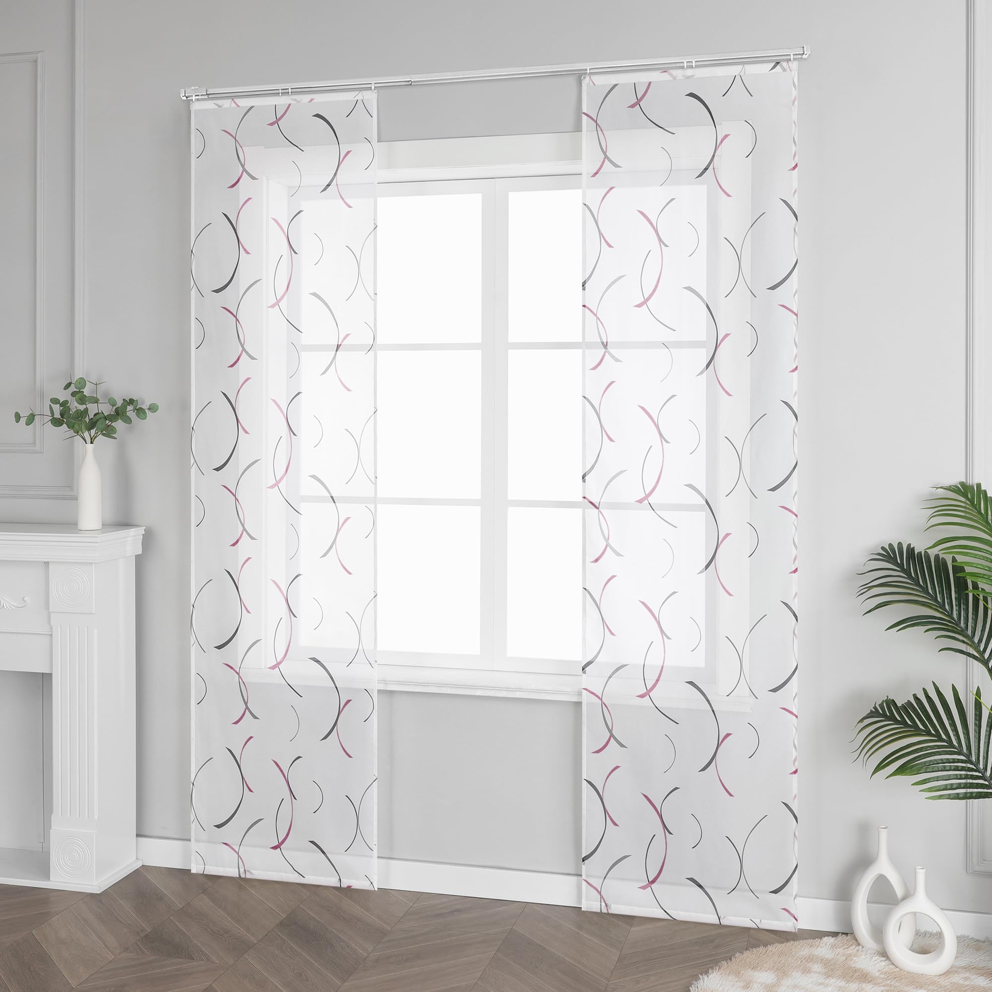 ESLIR Schiebegardinen Voile Flächenvorhänge Set 2er Schiebevorhang mit Klettschiene Wohnzimmer Gardinen mit Klettband Gardinenschals mit buntes Linienmuster Violett BxH 57x145cm 2 Stück