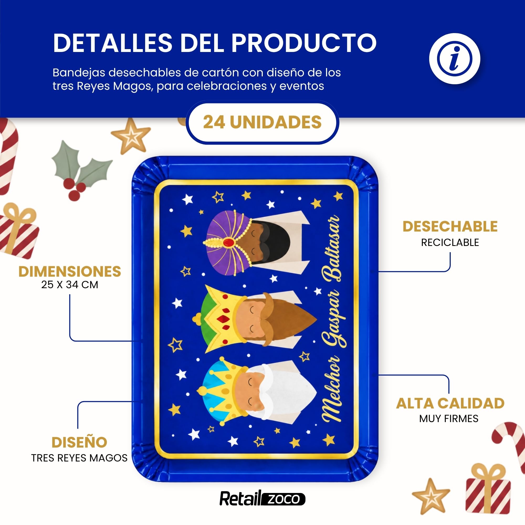 Bandejas de Cartón para Servir, Diseño Reyes Magos Azul, 24 Unidades - imagen 2