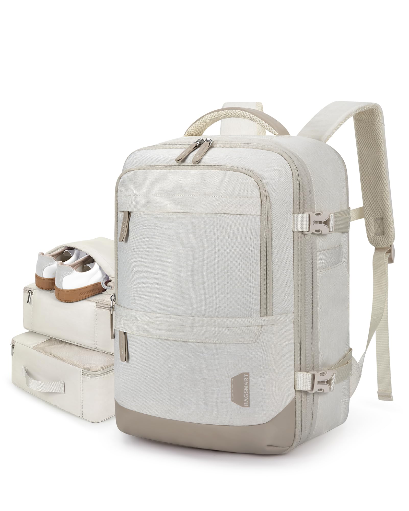 BAGSMART Compression Travel Backpack, 40L Expandable Carry On Backpack with Packing Cubes, Water Resistant Weekender Backpack Fits 17 Inch laptop, Large Overnight Luggage Daypack with Shoe Bag,Beige