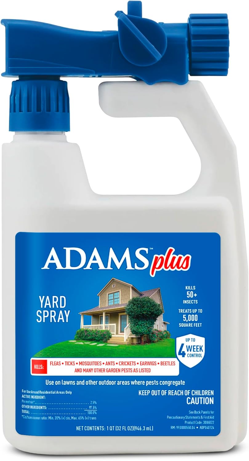 Adams Plus Yard Spray: Kills Fleas, Ticks, Mosquitoes, Ants & 50+ Pests – Hose-End, 5,000 sq ft Coverage, 32 oz Long-Lasting Outdoor Protection