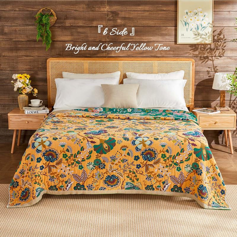 Image of Boho Throw Blanket Cotton Muslin Woven Flower Decorative Blankets 90 inchx98 inch