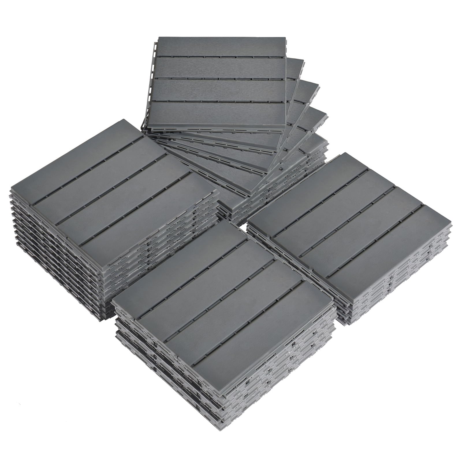 Bonnlo Garden Decking Tiles, 27 Pcs Plastic Outdoor Flooring, 30x30cm Patio PE Gardrn Tiles Indoor & Outdoor, Grey Straight Stripe