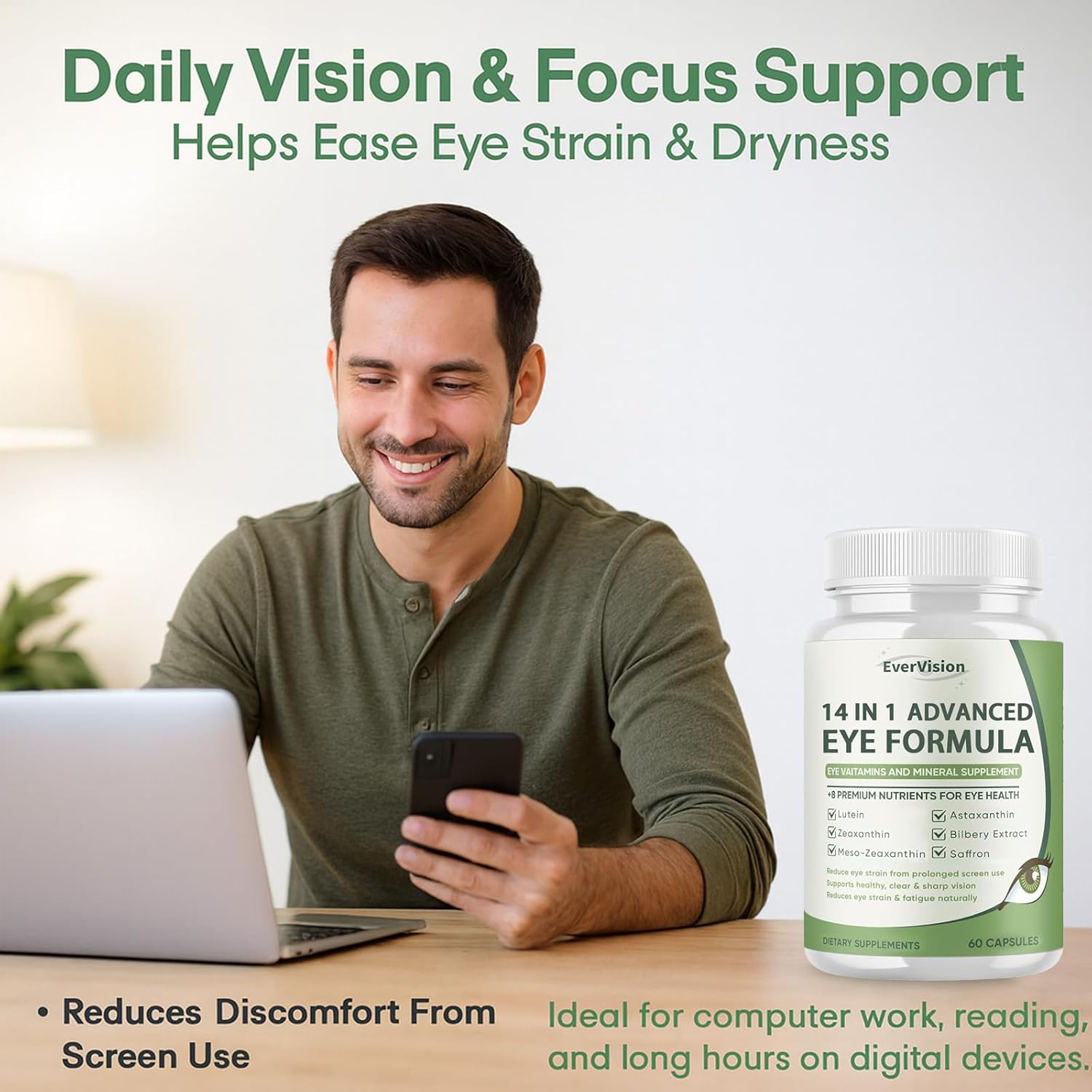 14 in 1 Advanced Eye Formula – Eye Vitamin and Mineral Supplement with Lutein, Zeaxanthin, Zinc & Bilberry Extract – Vision & Focus Support (1) - Image 6