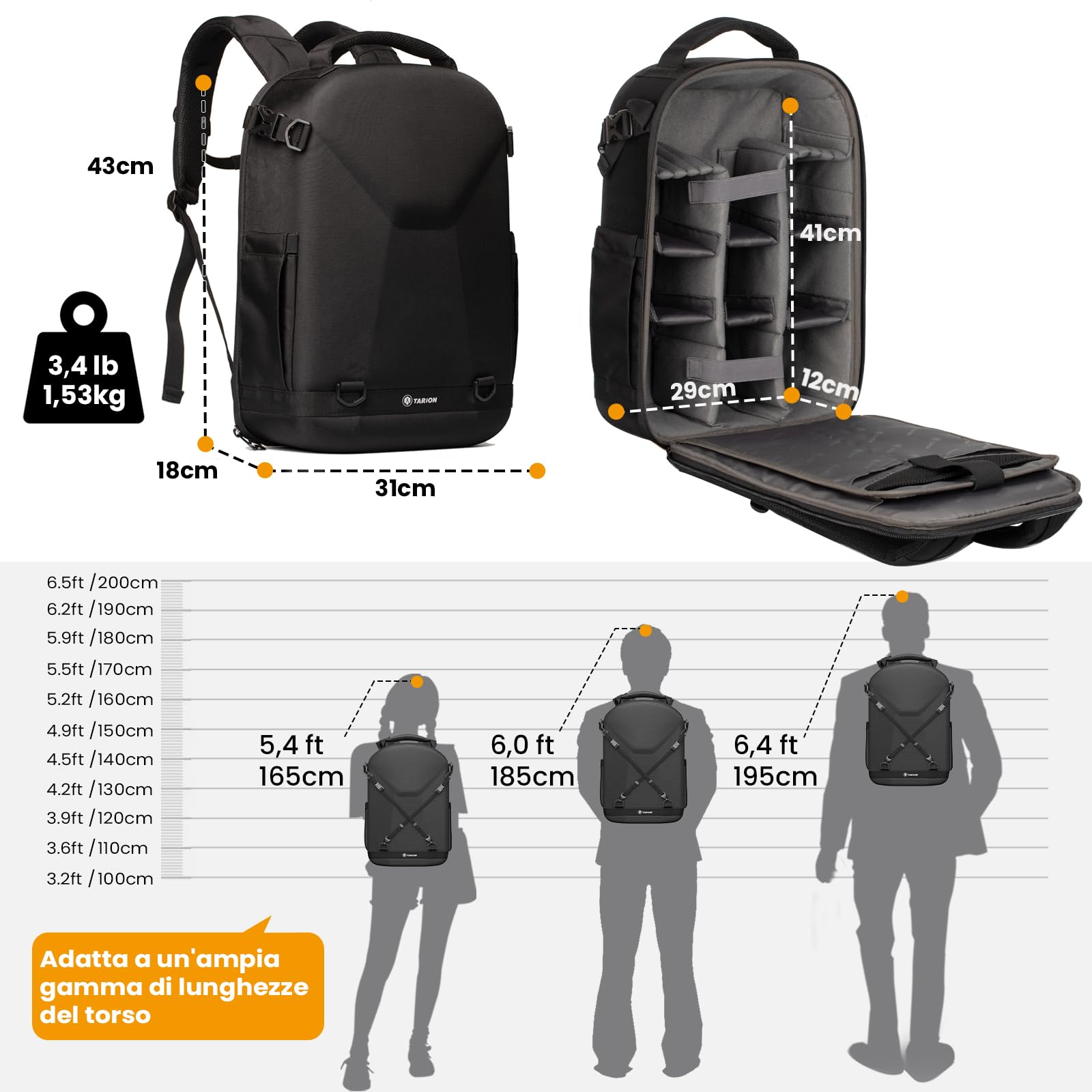 TARION Zaino per fotocamera, zaino fotografico con guscio rigido, borsa per fotocamera con scomparto per laptop da 15" e copertura antipioggia, zaino per droni DSLR SLR fotocamere accessori