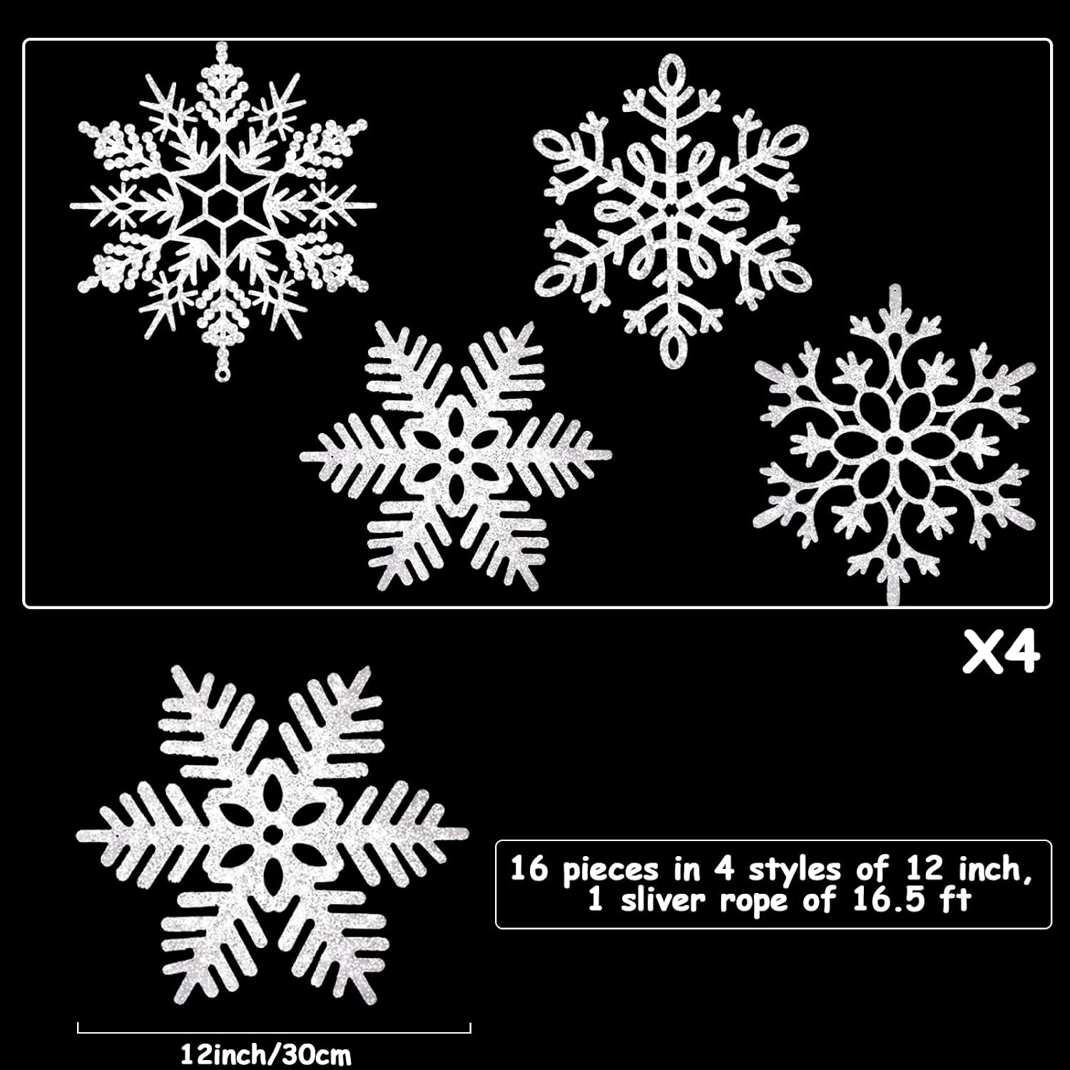 16PCS Large White Snowflakes Christmas Ornaments 12'' Sparkling Outdoor Christmas Tree Snowflakes Giant Plastic Glitter Hanging Ornaments Xmas Holiday Winter Indoor Window Decorations, White 4 Styles