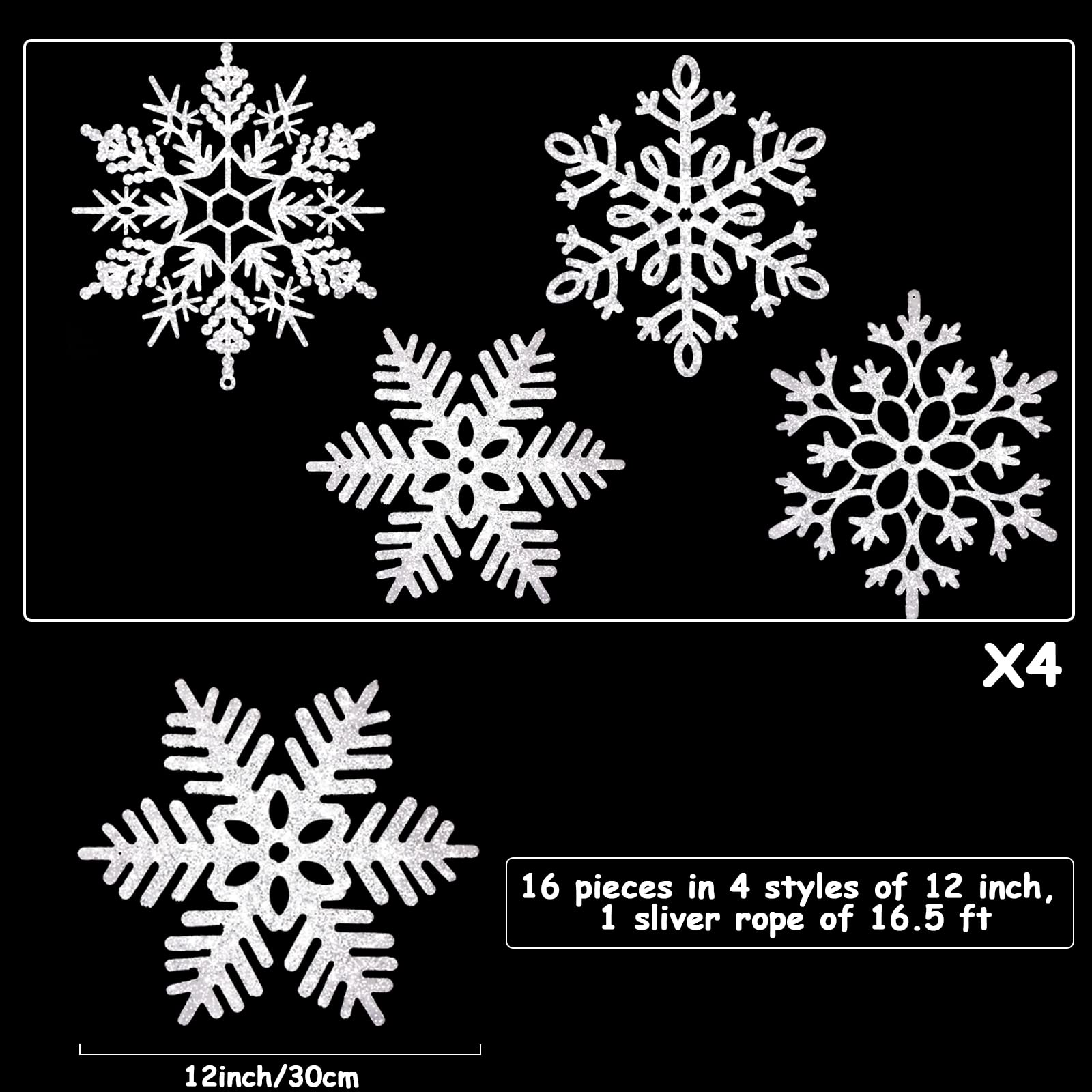 16 große weiße Schneeflocken, Weihnachtsschmuck, 30,5 cm, funkelnder Weihnachtsbaum, Schneeflocken, riesiger Kunststoff, Glitzer, hängende Ornamente, Weihnachten, Urlaub, Winter,