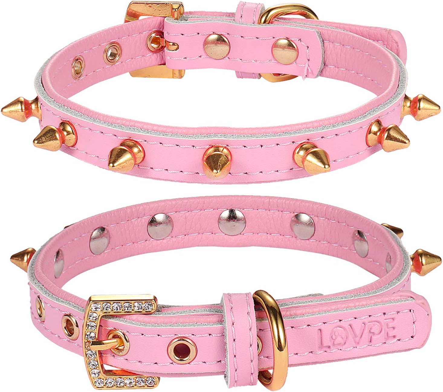 LOVPE Cat Collar/Dog Collar Golden Spiked Studded Double Layer Leather Pet Collars with Golden Rhinestone Buckle for Cats Puppy Small Medium Dogs (XS(Neck for:8-11 Inch), Pink)