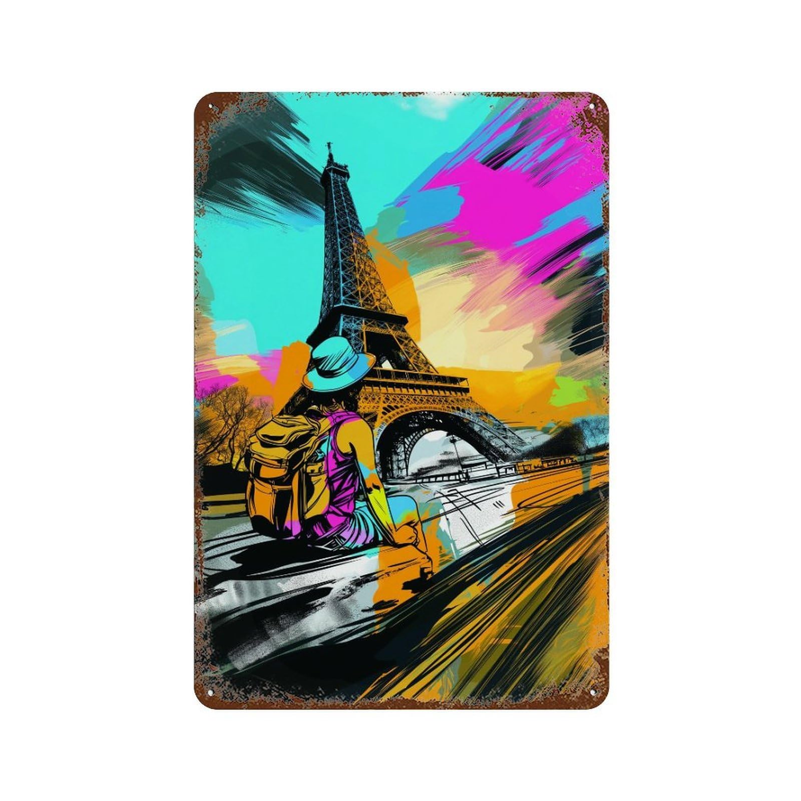 Vintage Rust Metal Sign with Paris Eiffel Tower Travel Art Print Design 11.8"x7.9", for Office, Studio And Wall Decor, Farmhouse Wall Decor