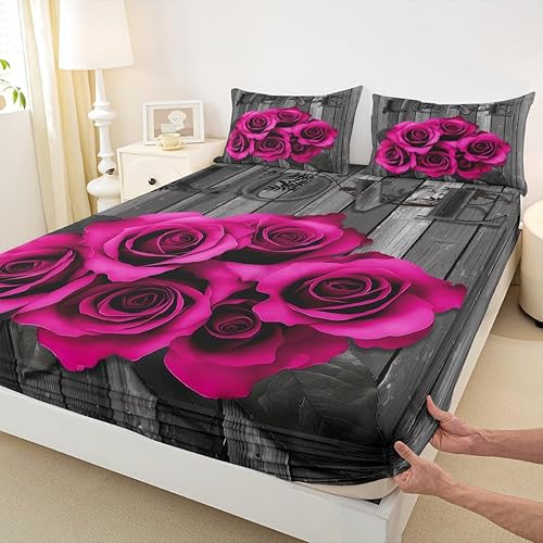 Miniatura 6 de Juego de sábanas de flores de rosa intenso, tamaño Queen, retro, rústico, rosa, floral, juego de ropa de cama para parejas para niños y adultos,