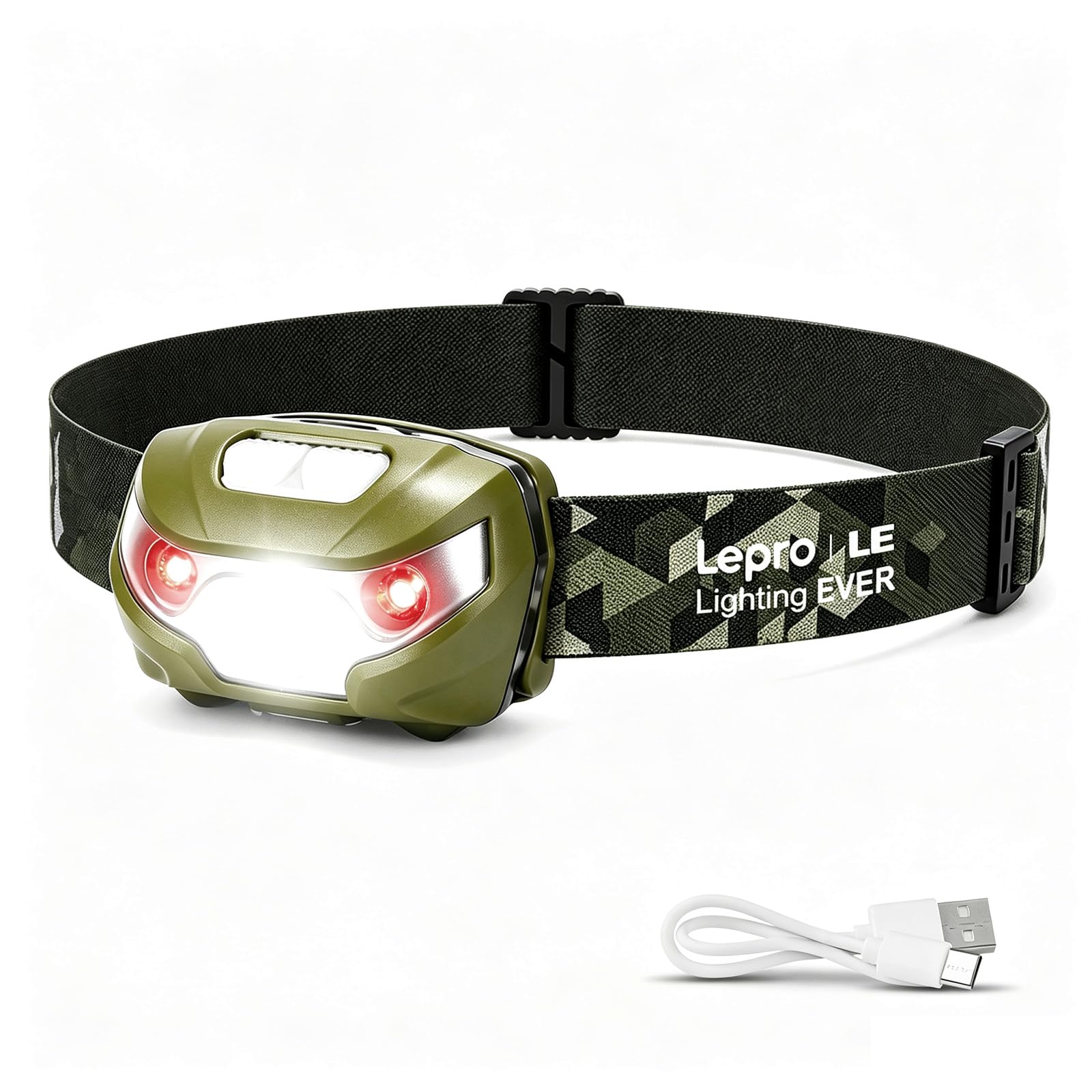 Lepro Linterna Frontal LED USB Recargable, 5 Modos con Luz Rojo, Pack de 1