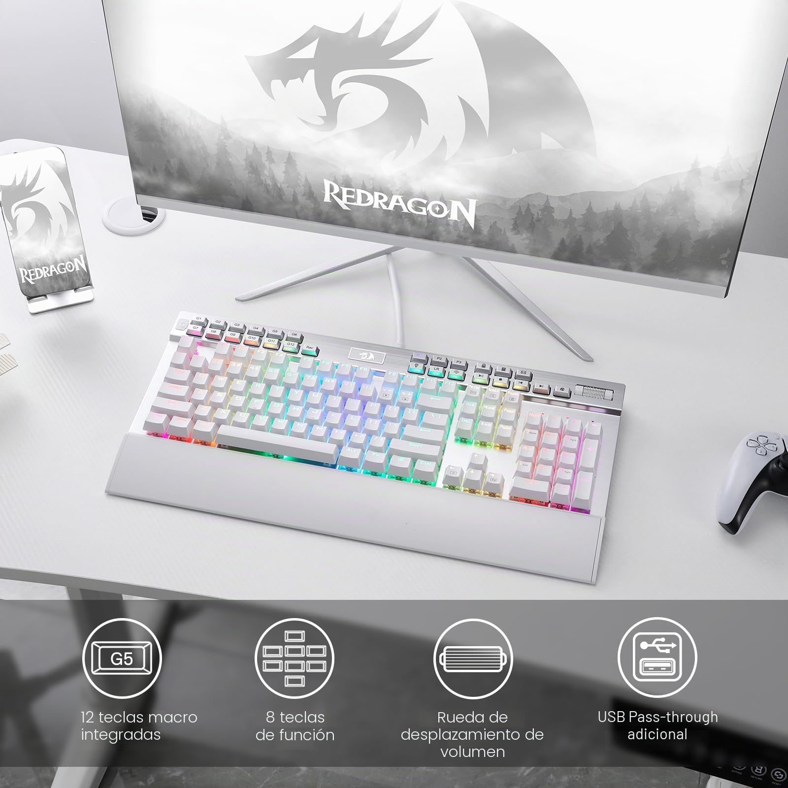 Redragon Yama K550 Teclado Gaming RGB Blanco | Diseño Ergonómico Anti Ghosting Programable Compatible PC Windows