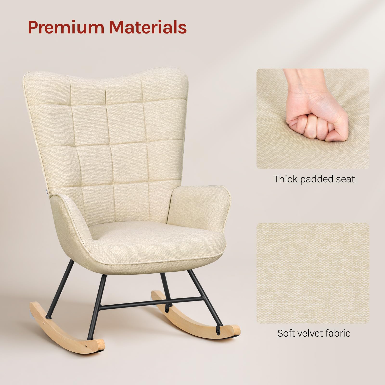 WOLTU Fauteuil à Bascule Adulte, Fauteuil à Oreilles Rembourré, Chaise Relaxante sur Pieds en Métal et en Bois Massif pour Salon, Chambre, Balcon, Terrasse, Jardin, 90x68x94cm, Beige