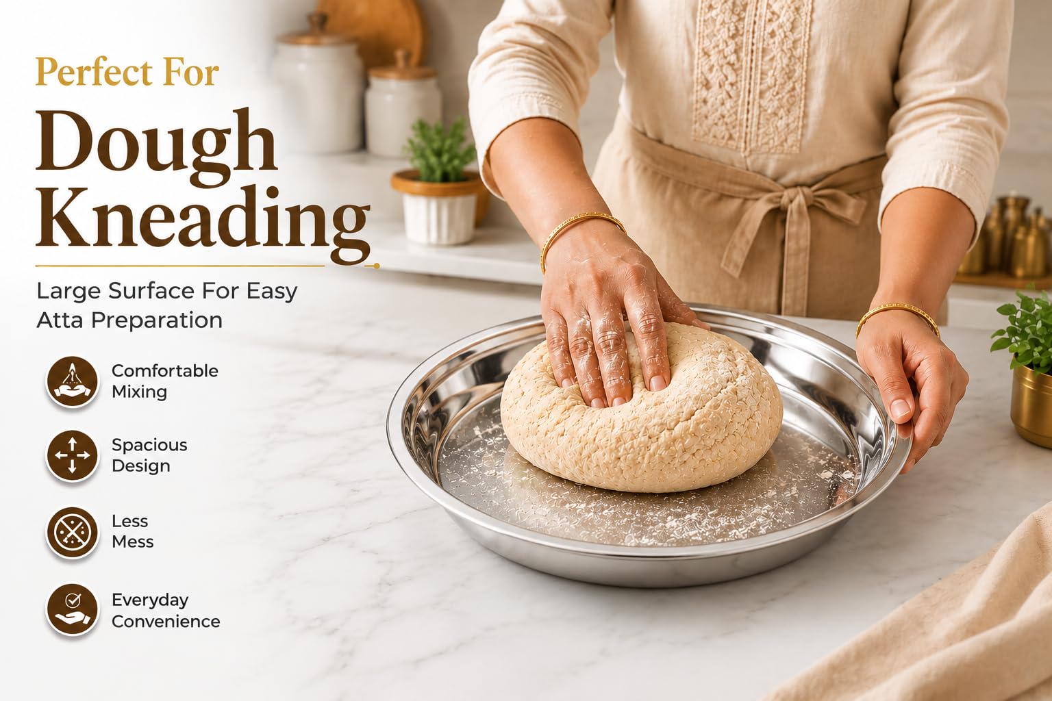 Kanshita's Rasoiware Stainless Steel Parat | 29 Cm Silver Touch Kneading & Mixing Bowl | Traditional Indian Kitchenware for Roti, Puri & Dough Preparation 1