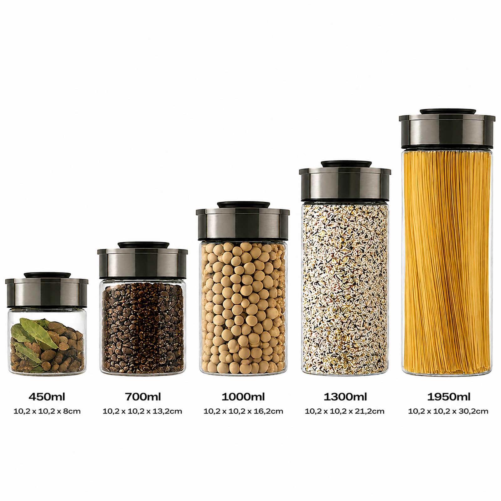 BURI Juego de 6 tarros de cristal de 1000 ml, herméticos con tapa de acero inoxidable y cierre de clic, apilables, aptos para lavavajillas, para cocina, almacenamiento de alimentos