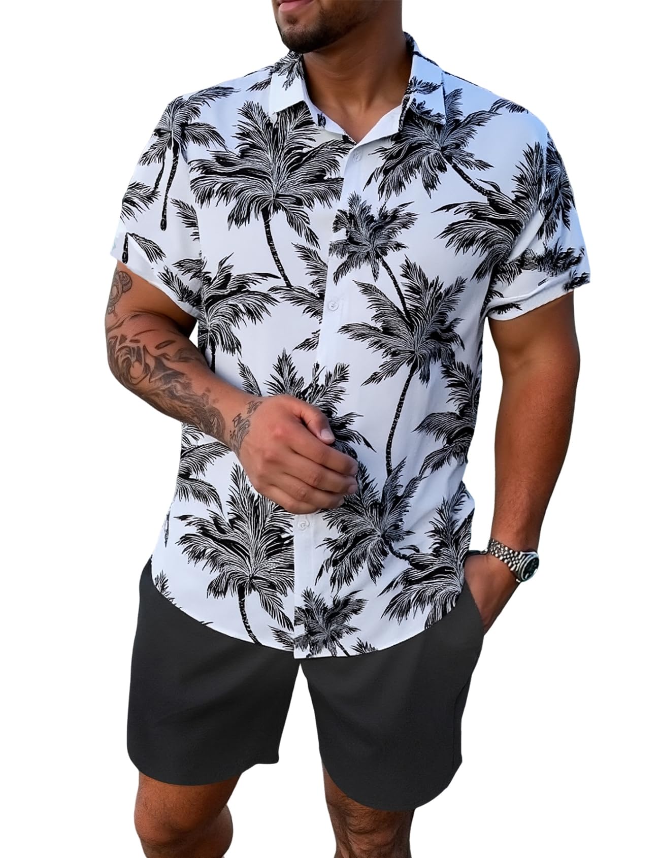 Yimoon Men's Summer 2 Piece Outfits Tropical Print Short Sleeve Button Down Hawaiian Beach Shirt and Shorts Set