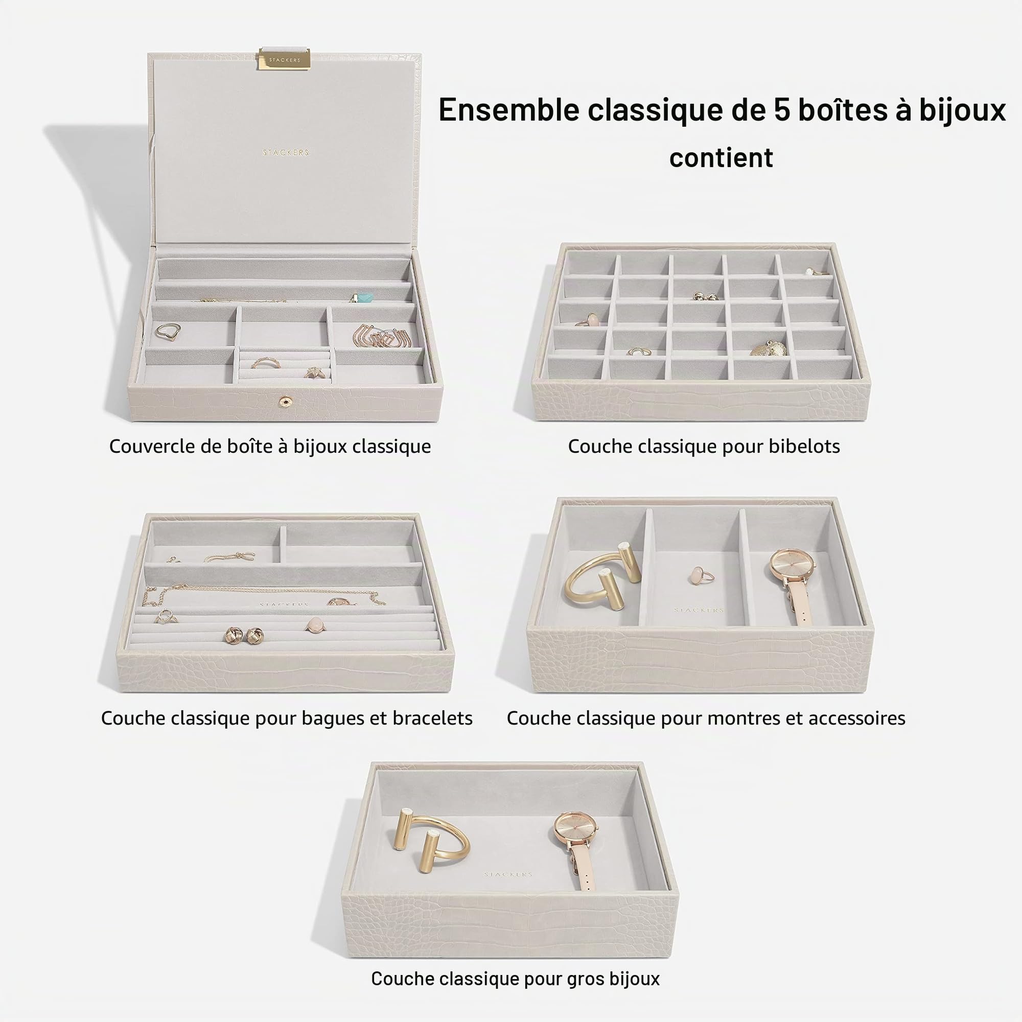 Stackers Lot de 5 boîtes à bijoux de taille moyenne avec un style classique en crocodile, Imitation cuir, Beige, Taille M