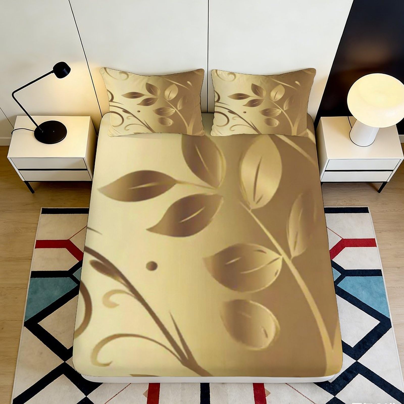 3D Printed Golden Leaf Fitted Sheet Microfiber Soft Anti-Slip Beige Botanical Mattress Cover for Bedroom Guestroom 140x200x25cm
