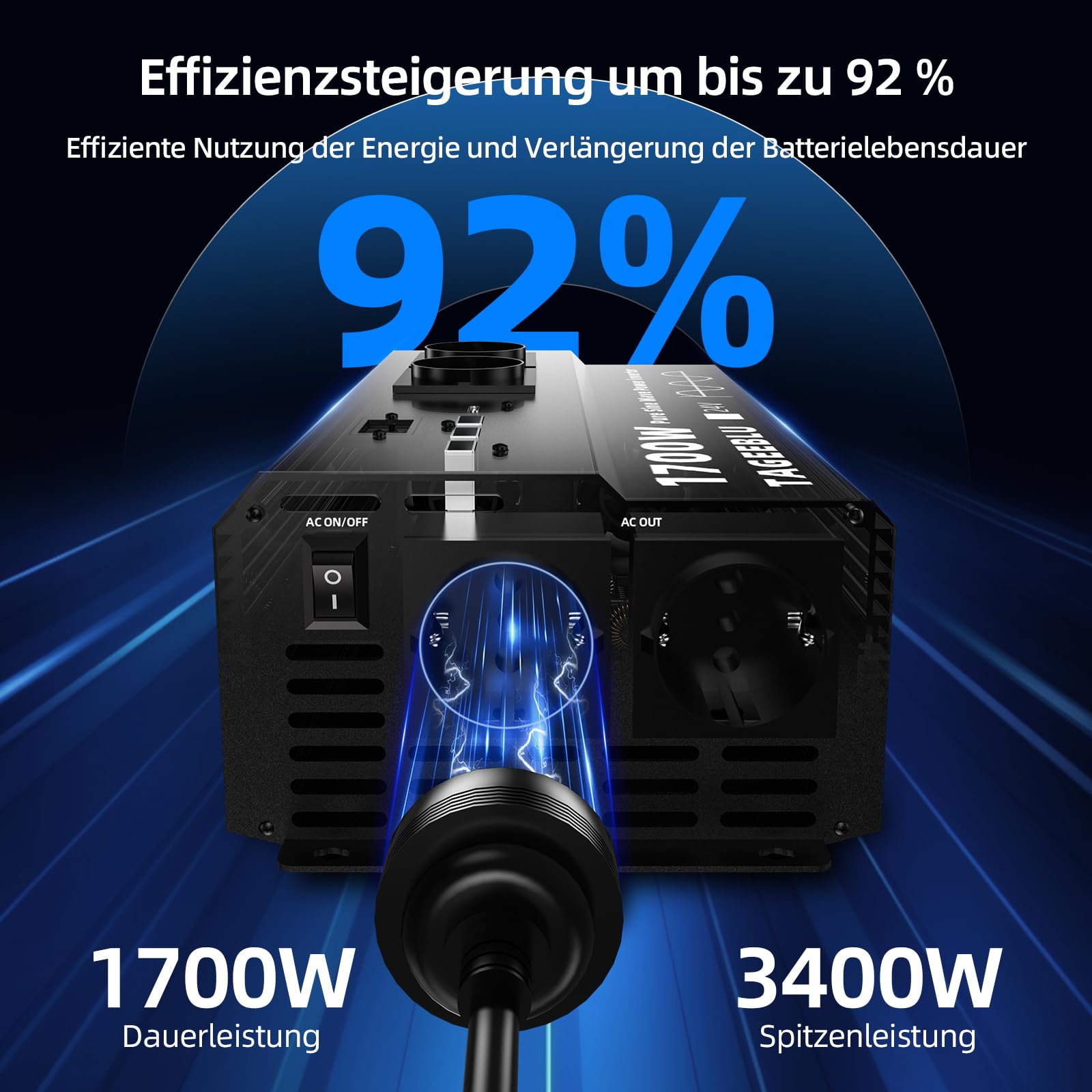 1700W inverter 24v 220v Onda Pura con Display LCD, 4 EU Presa, 4 ports USB et Tipo C 30W