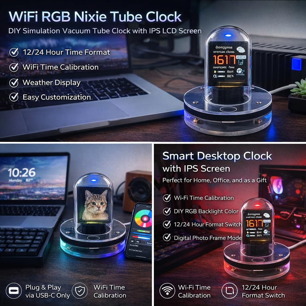 ViaGasaFamido Orologio Nixie Tube Retro, Display Digitale 12/24 Ore con Luci LED, Idee Regalo Originali per Arredamento Cyberpunk Appassionati Design Anni 70