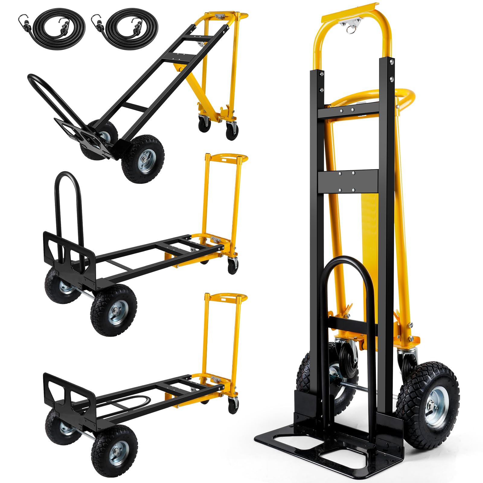 Photo 1 of 3 in 1 Convertible Hand Truck Dolly Cart with 10" Pneumatic Wheels, 1000LBS Capacity Heavy Duty Dolly, Hand Cart with Bungee Cords for Logistics, Moving, Shopping, Home, Office (Black Yellow)