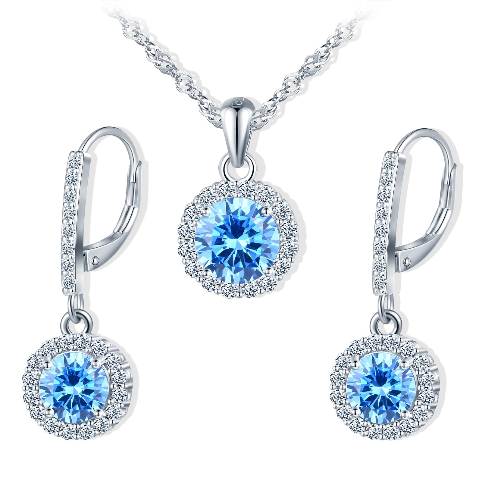 Set di collana e orecchini da donna con zirconi rotondi in argento 925, colore blu