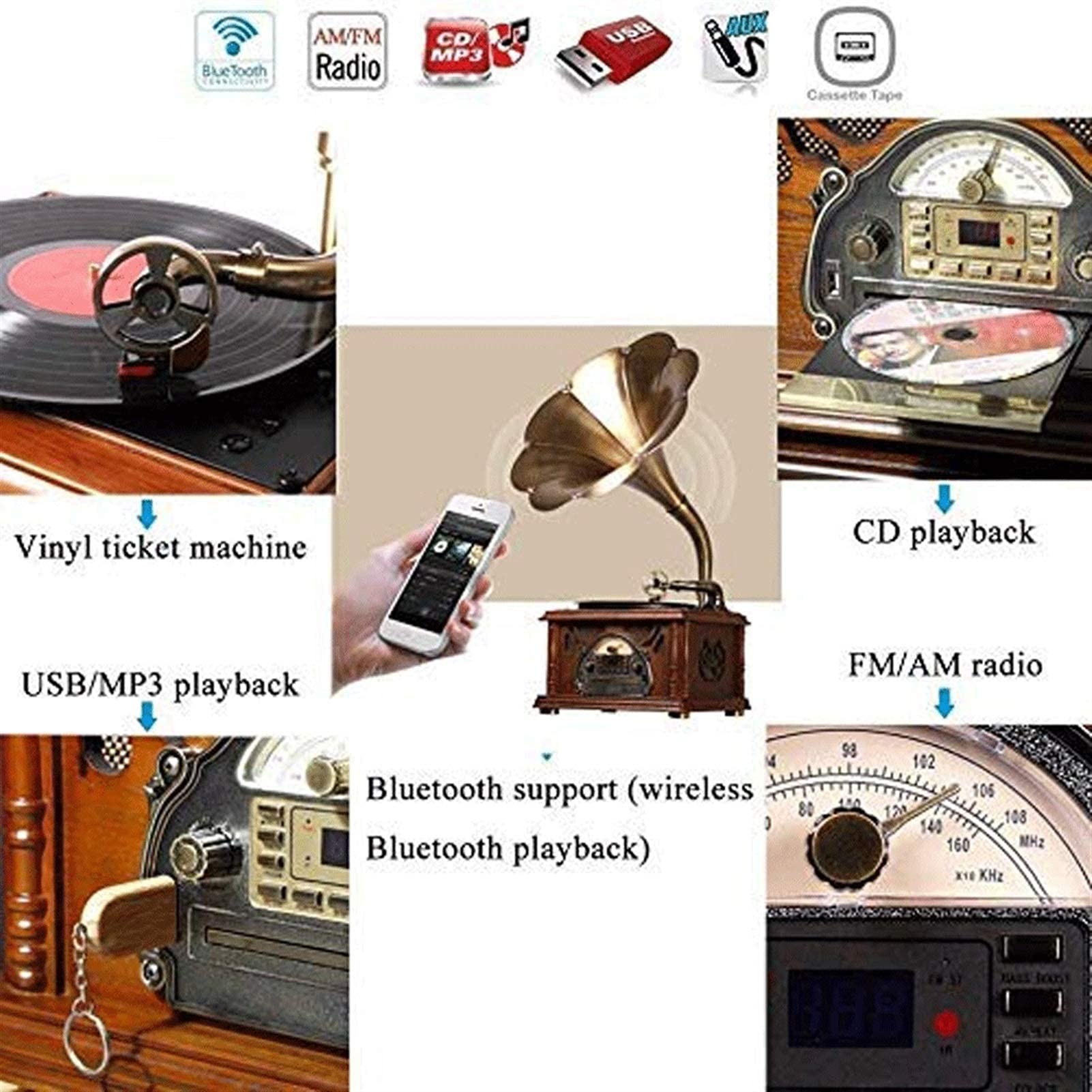 Hi-Fi e Home Vintage Retro Classic Gramophone Fonograph Sistema Stereo Sistema Audio Sistema Musica Boia Blue Tooth-in Drive con Altoparlante da 40 W kxtmm