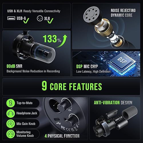 Miniatura 3 de FIFINE K688 Kit de micrófono para podcast, micrófono dinámico USBXLR con brazo de brazo para mezclador PCXLR, micrófono para juegos con botón de