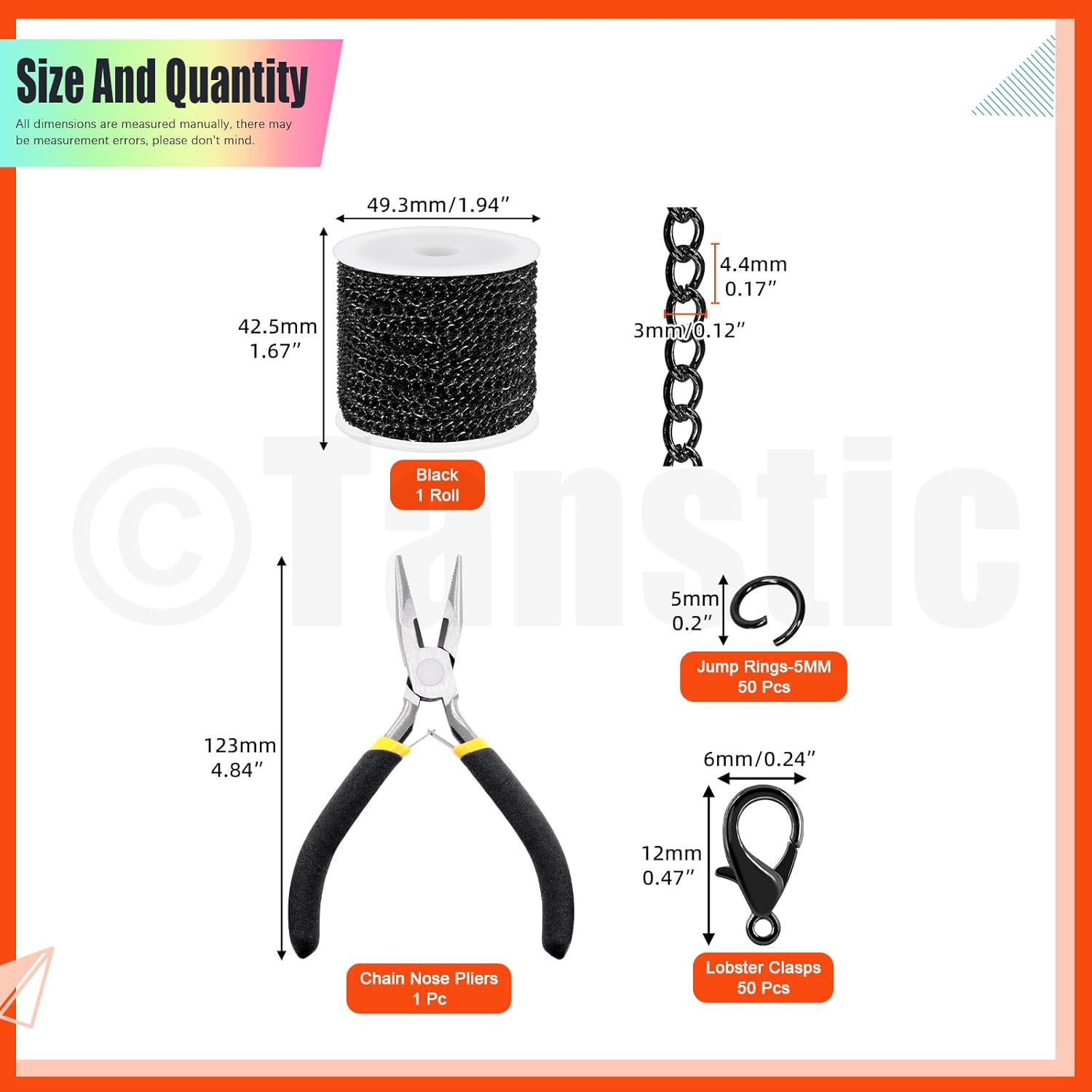 Tanstic 102Pcs 30 Feet Jewelry Making Chains Necklace Chains Bulk Cable Link Chain with 50Pcs Jump Rings, 50Pcs Lobster Clasps, Pliers for Bracelet Necklace Making(Black) - Image 2