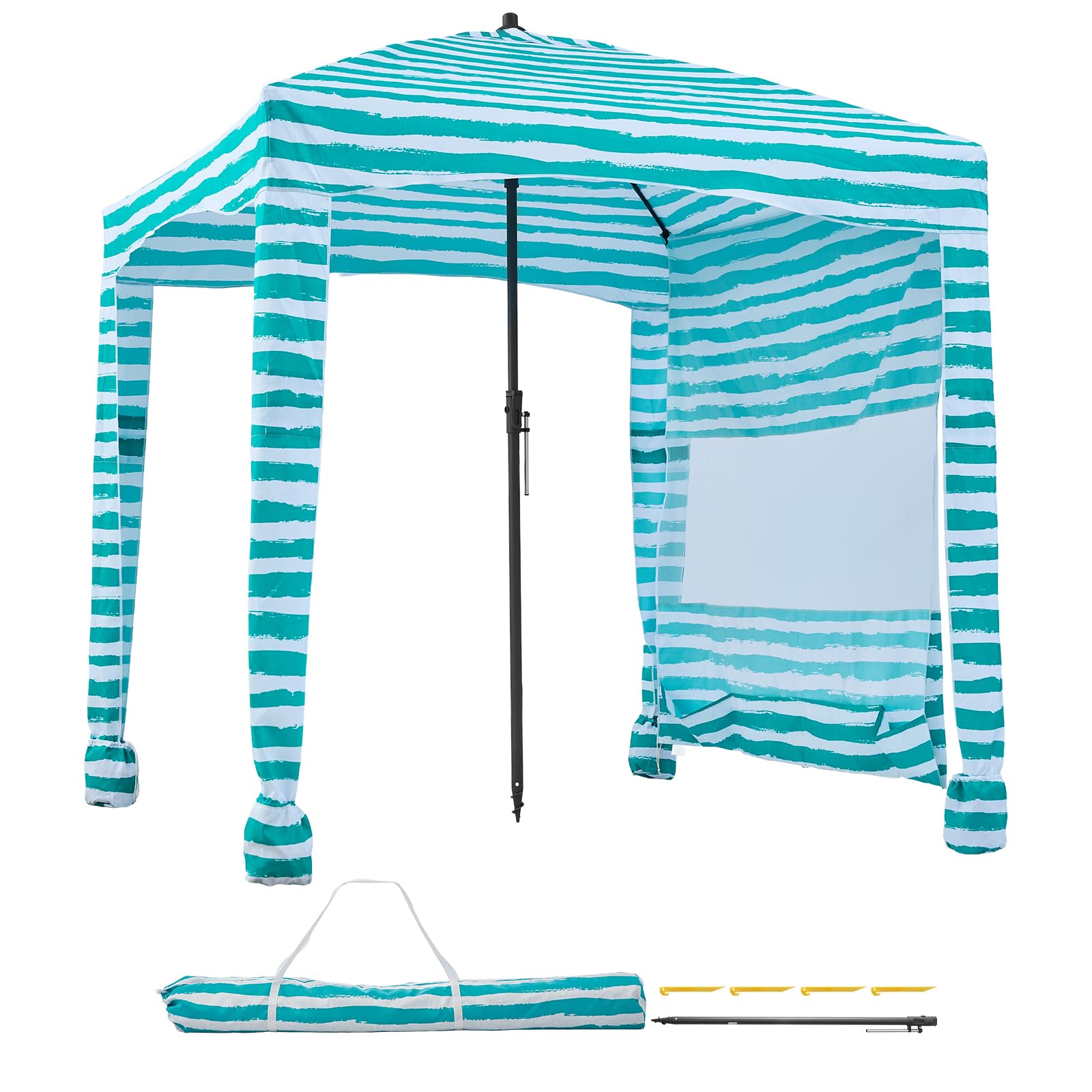 VEVOR Namiot plażowy 1830 x 1830 x 2290 mm, ze ścianą boczną i kieszeniami na piasek, przenośny parasol przeciwsłoneczny z regulacją wysokości dla rodziny i przyjaciół, zielony z białymi paskami