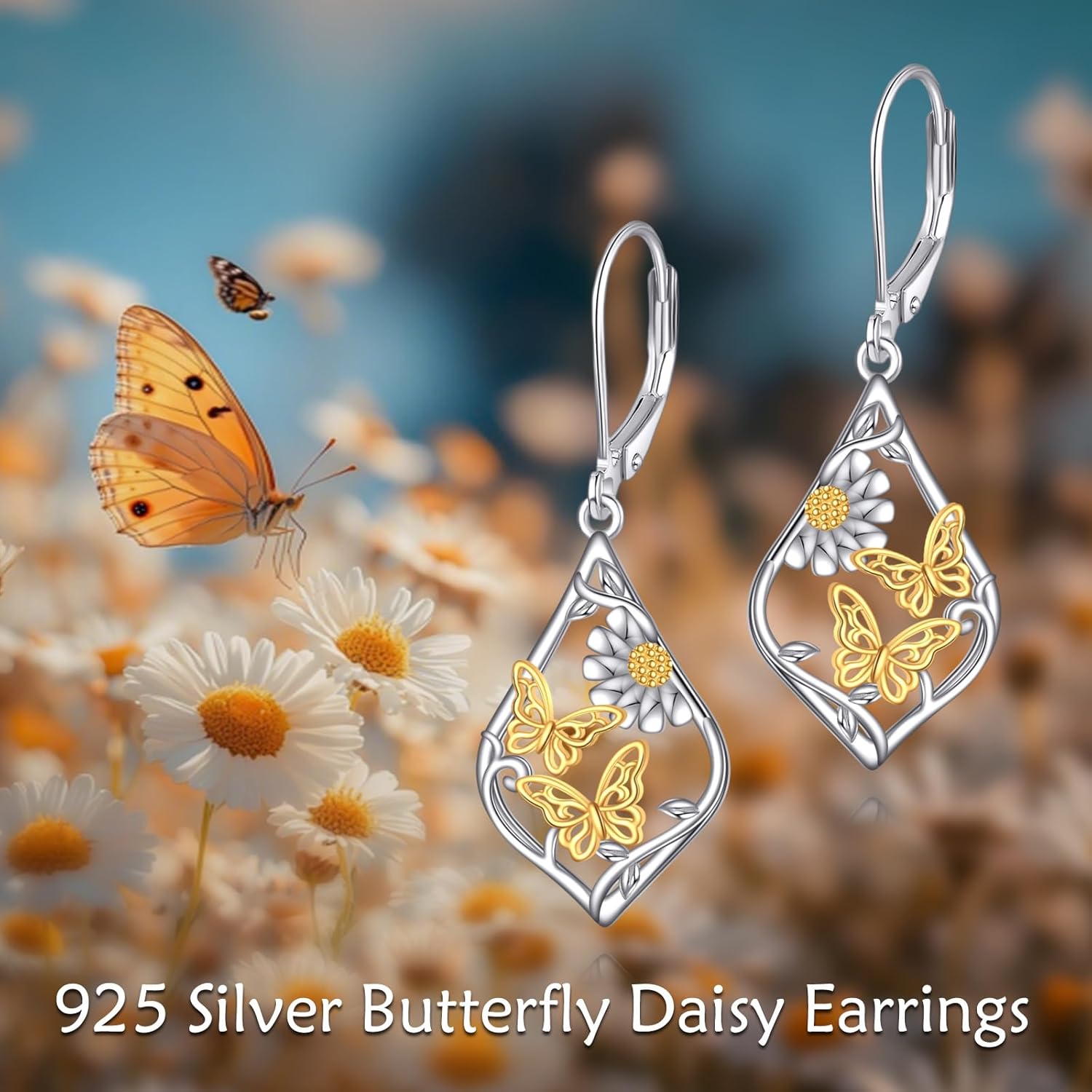 Butterfly/Dragonfly/Hummingbird Earrings Sterling Silver Daisy Drop Dangle Earrings Leverback Teardrop Jewelry Gifts for Women - Image 6
